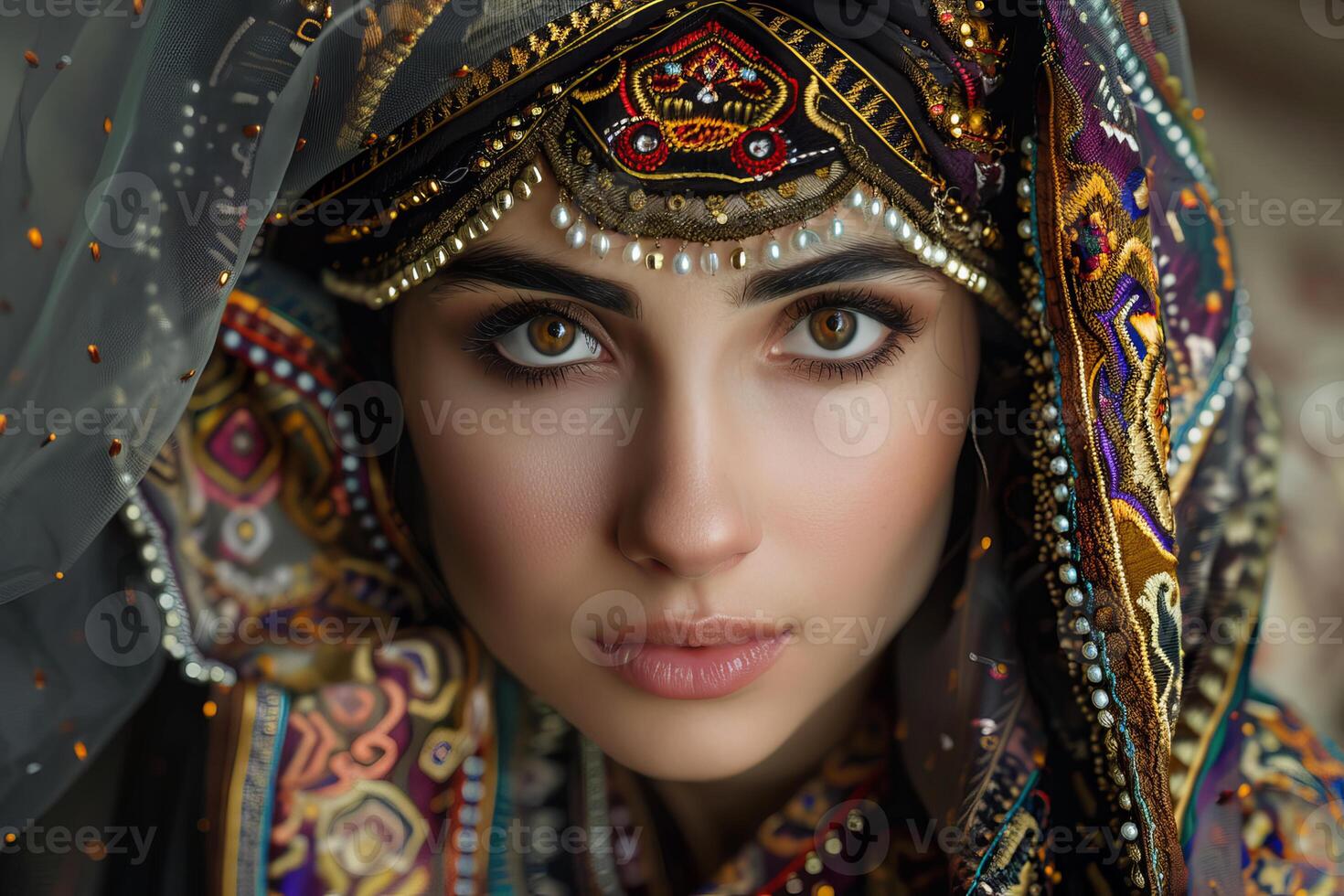 Beautiful middle eastern woman wearing traditional clothing and jewelry is posing photo