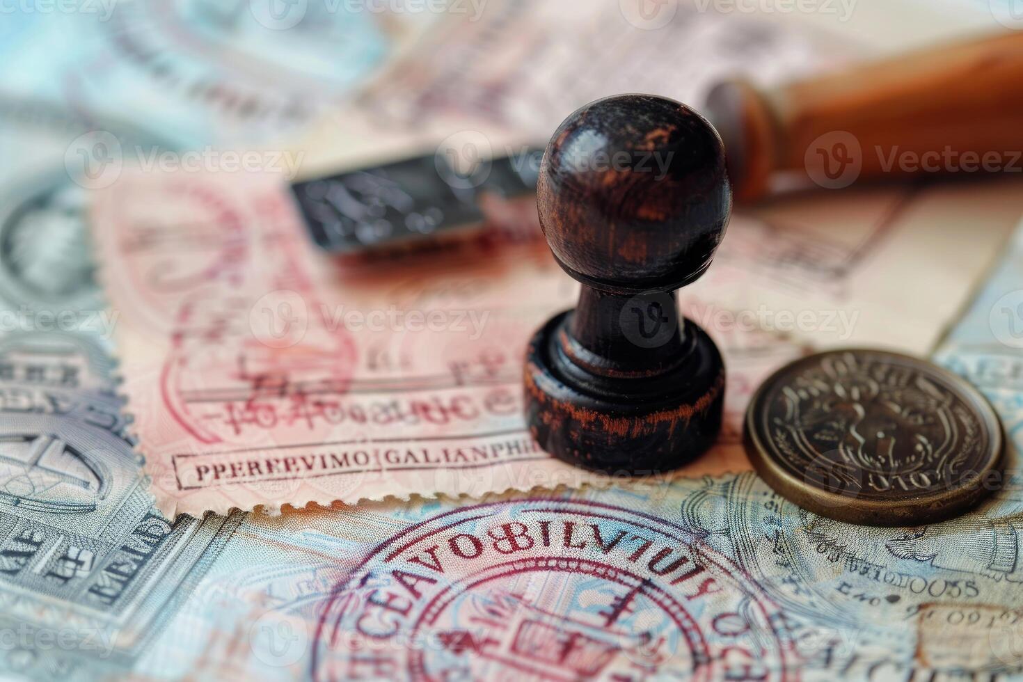 Old wooden stamp laying on vintage documents with stamps and currency photo