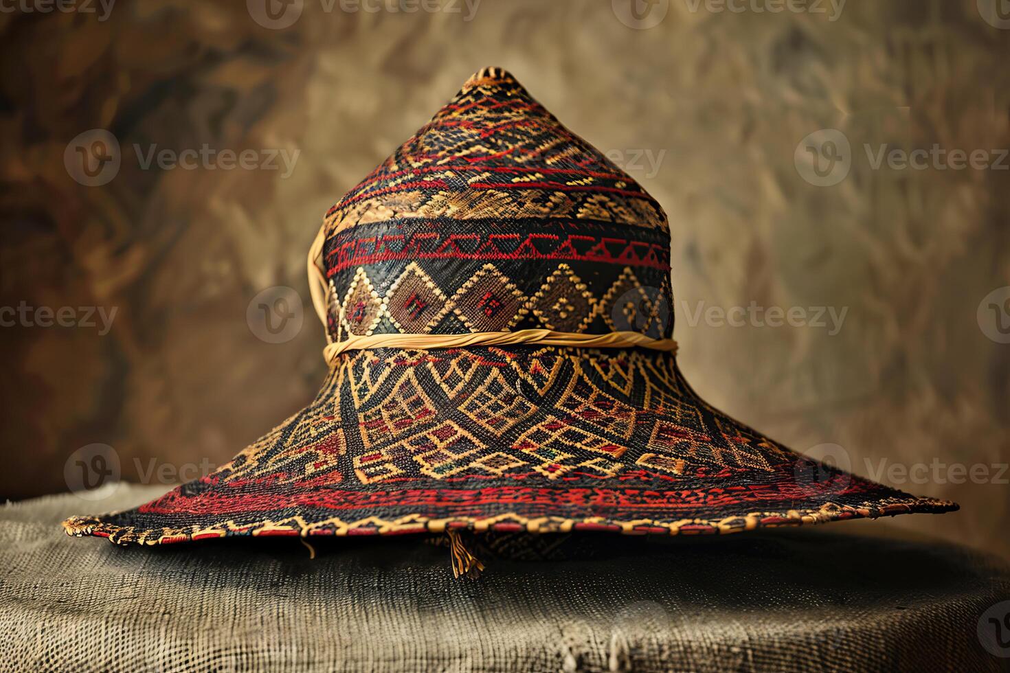 Traditional asian conical hat showing colorful geometric patterns photo