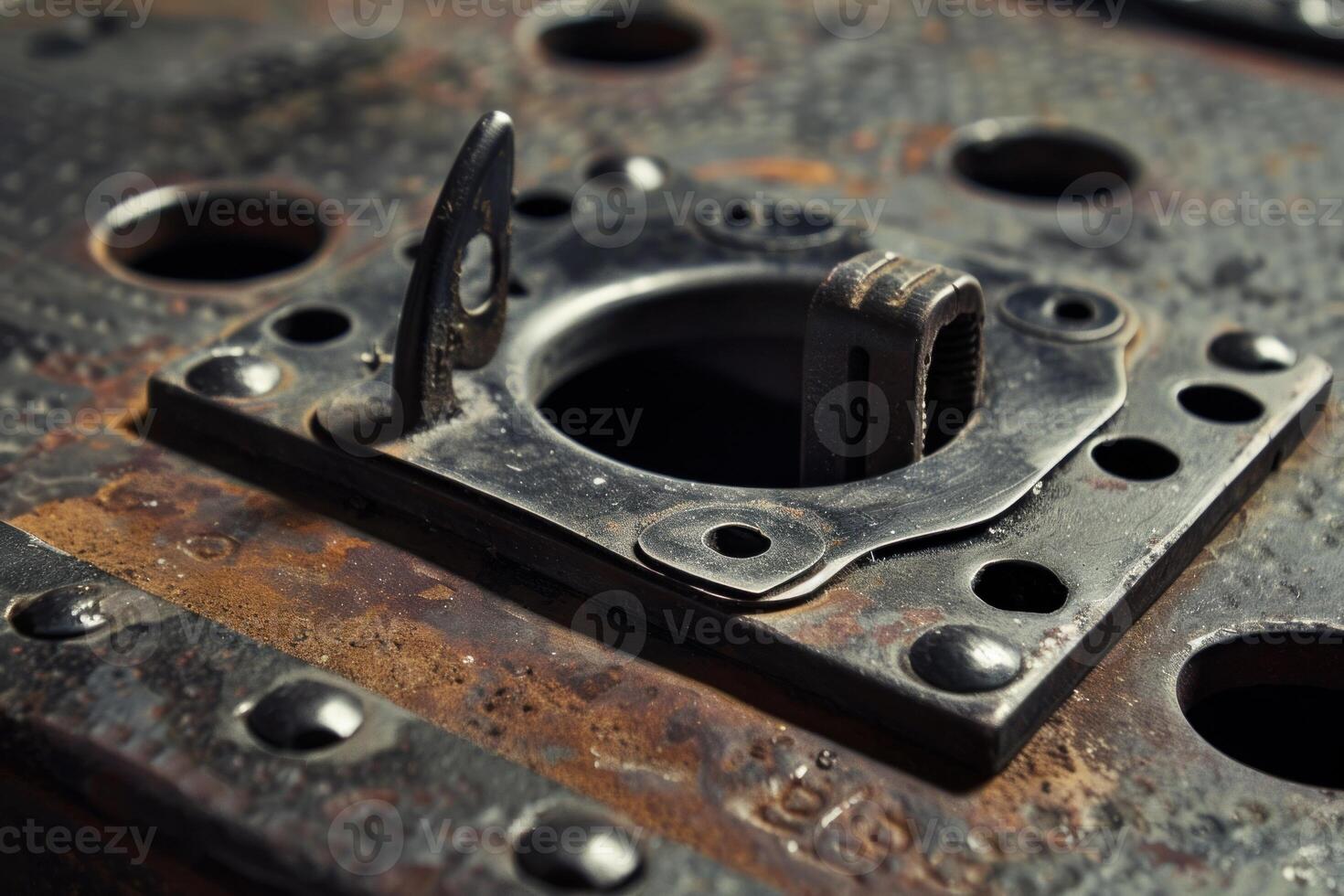 Old rusty metal plate with rivets and a hinge is showing signs of corrosion photo
