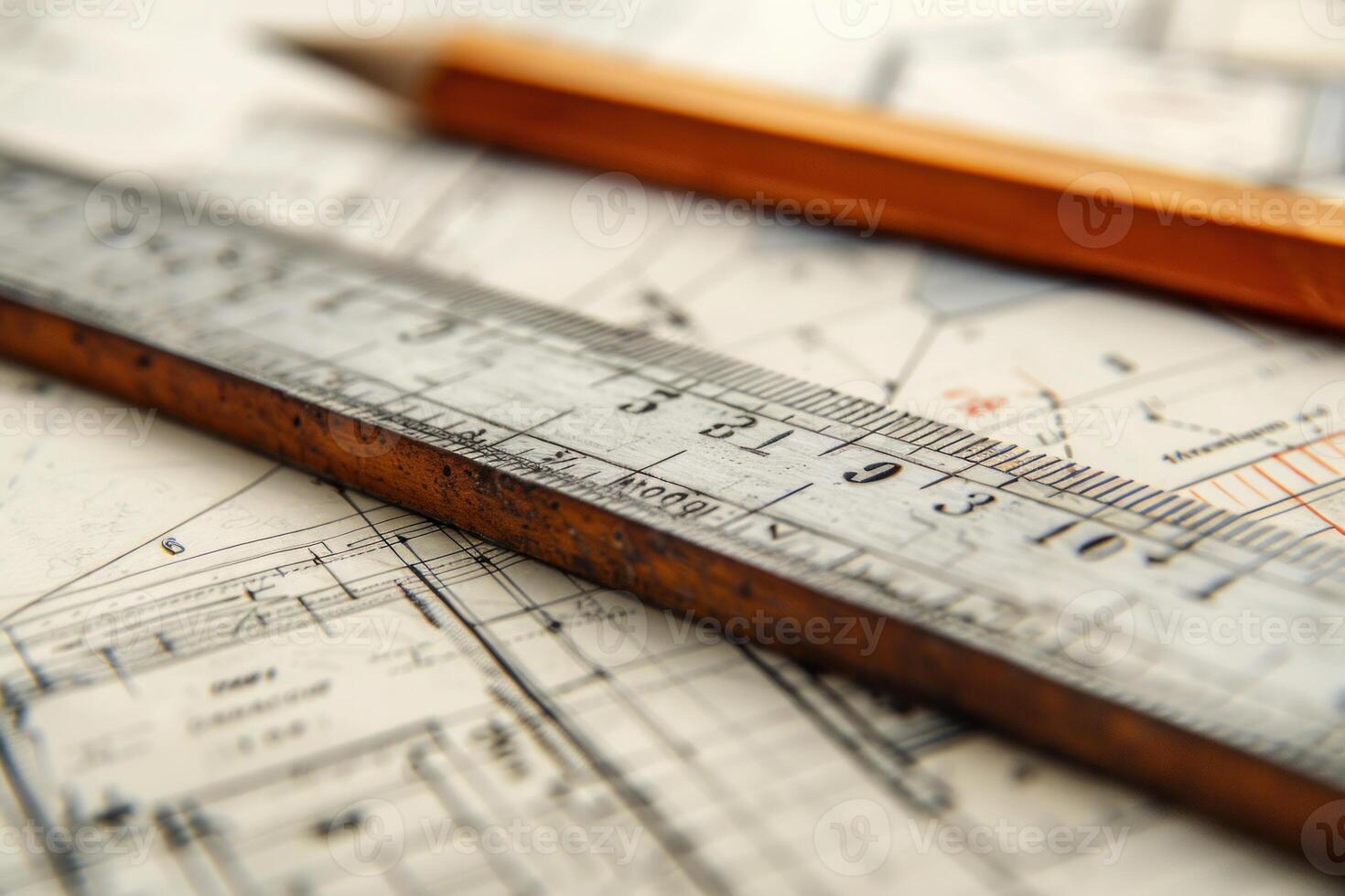 Old wooden ruler lying on technical drawing with pencil photo