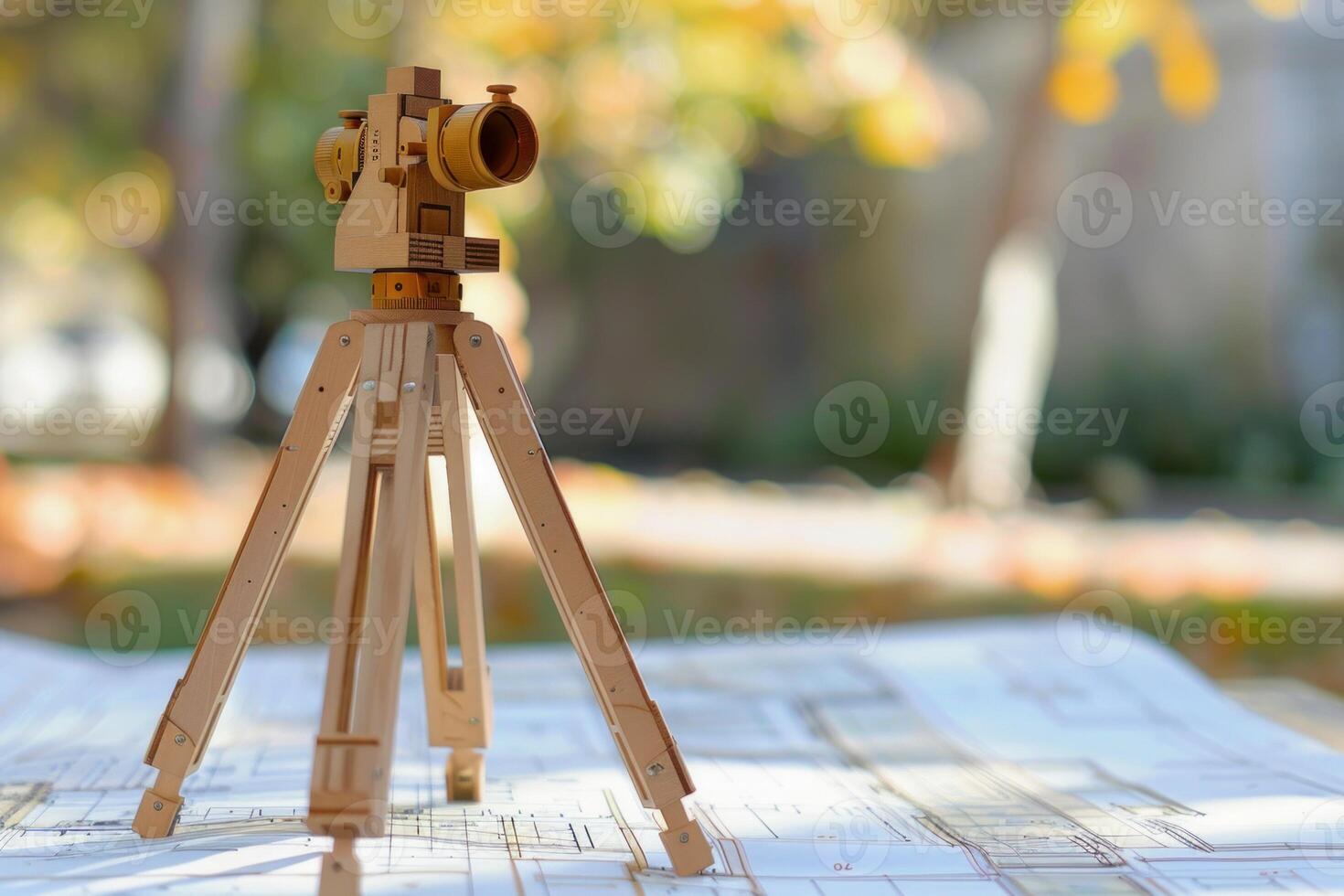 Miniature surveying equipment standing on architectural blueprints on a sunny day photo