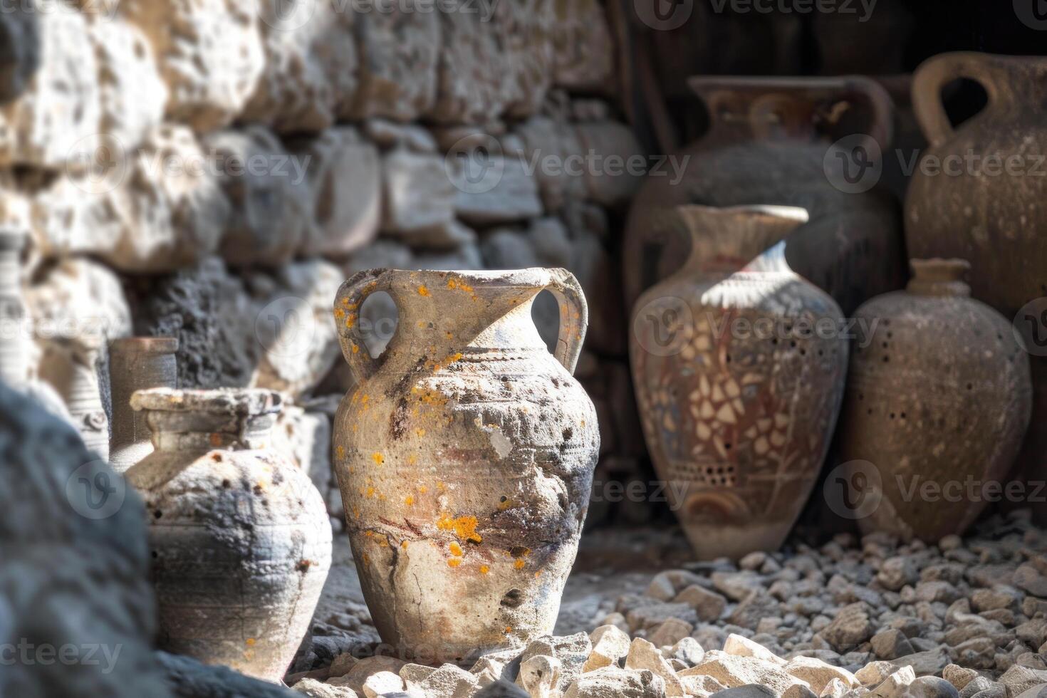Ancient greek amphorae standing on pebbles in front of stone wall photo