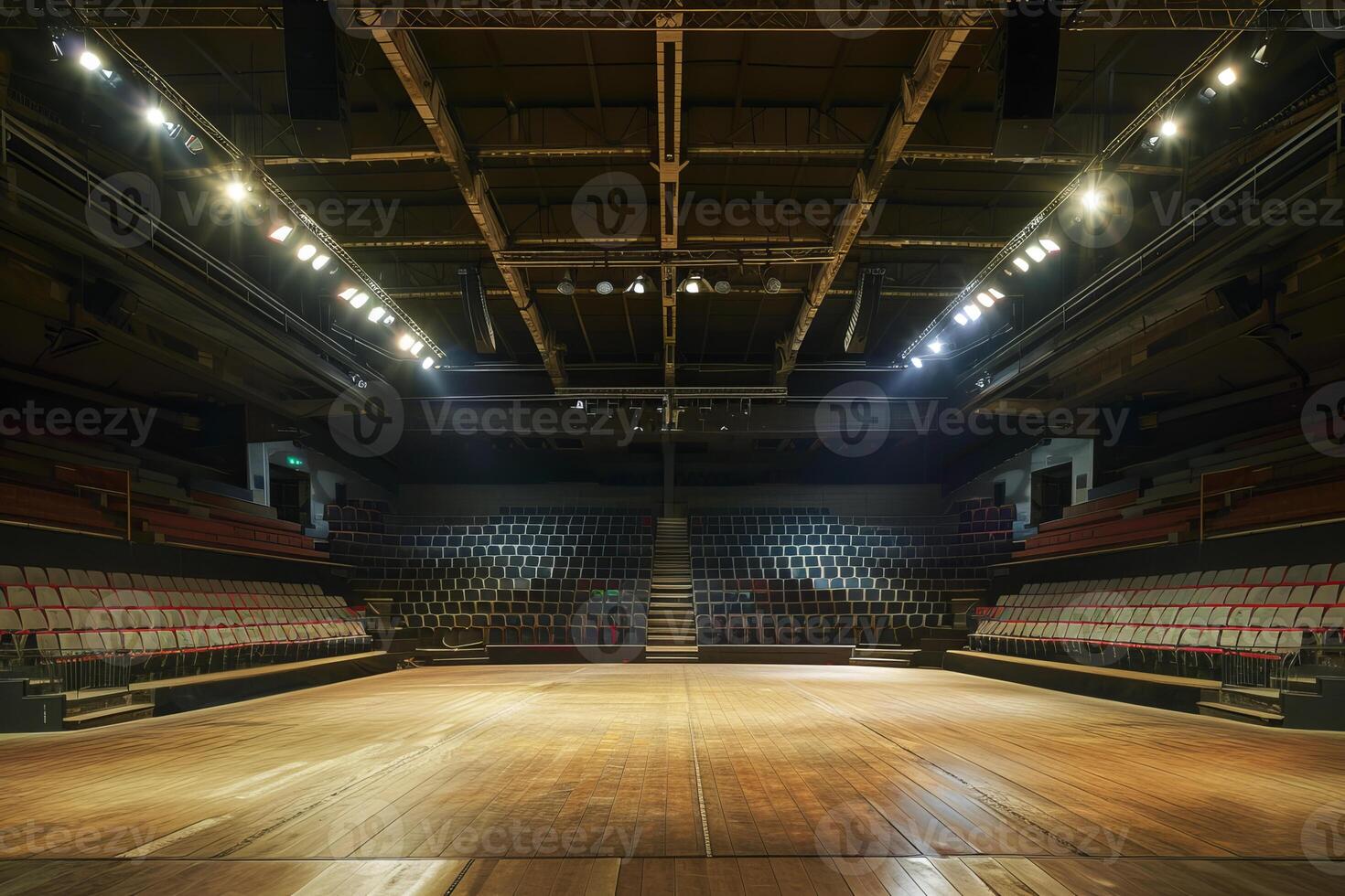 Empty theatre stage with seats and spotlights lighting up the room photo