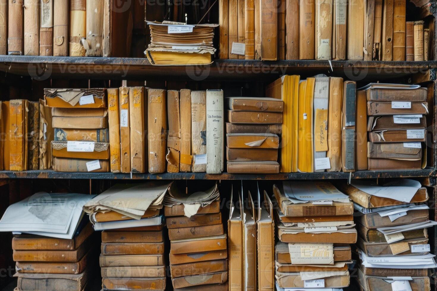 Old books and papers stacked on shelves in the library photo