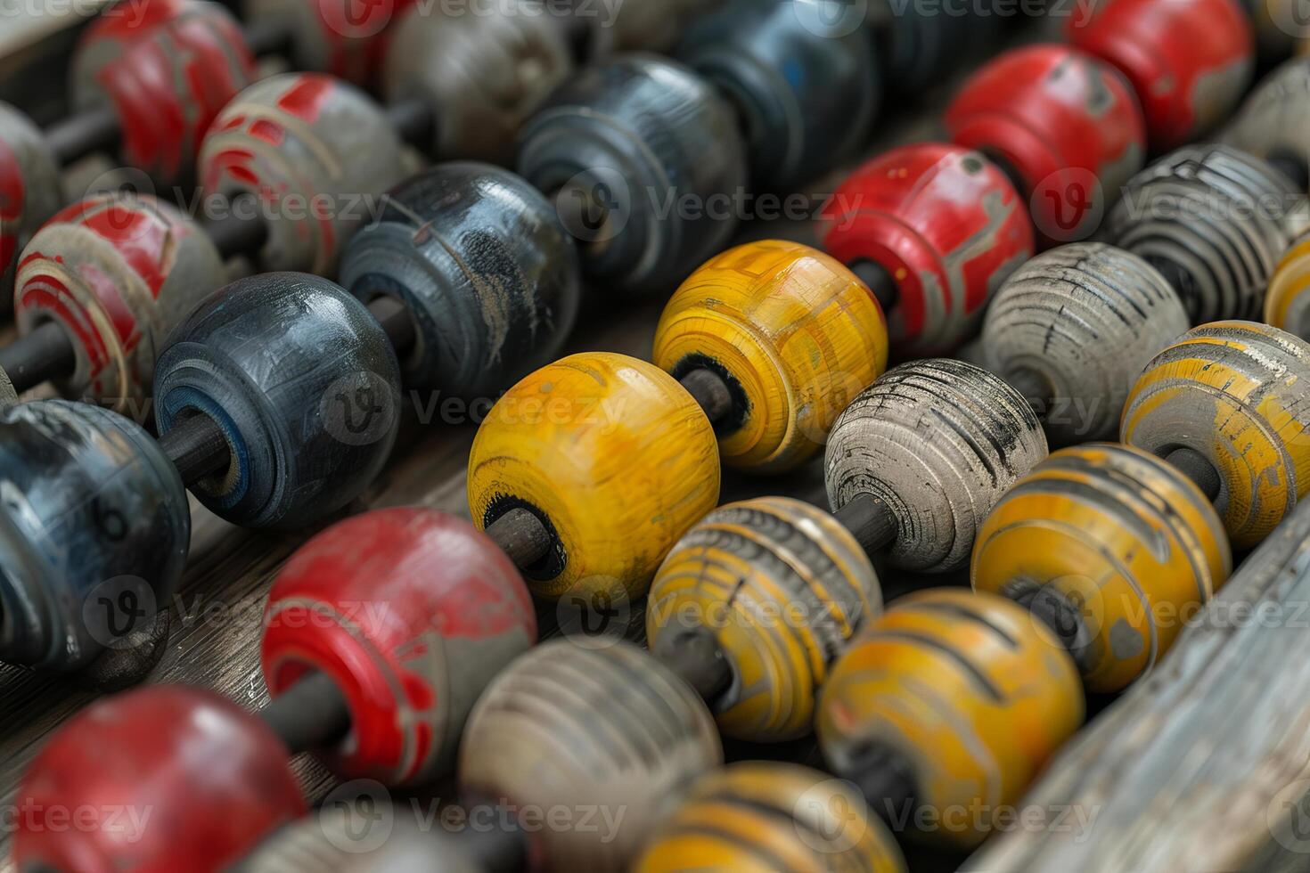 Old wooden abacus showing colorful beads for calculation photo
