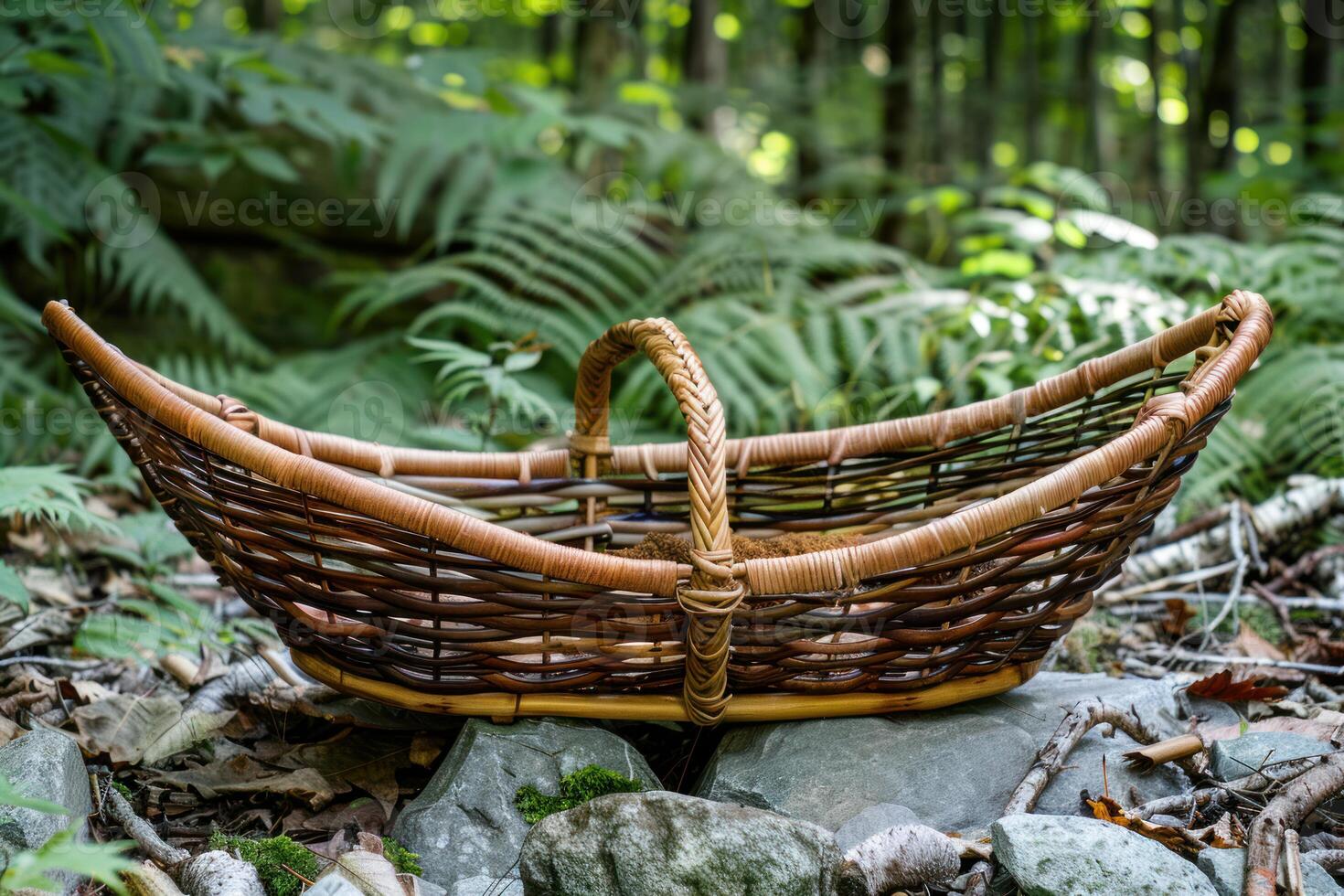 Empty wicker basket sitting on rocks in a lush forest setting photo