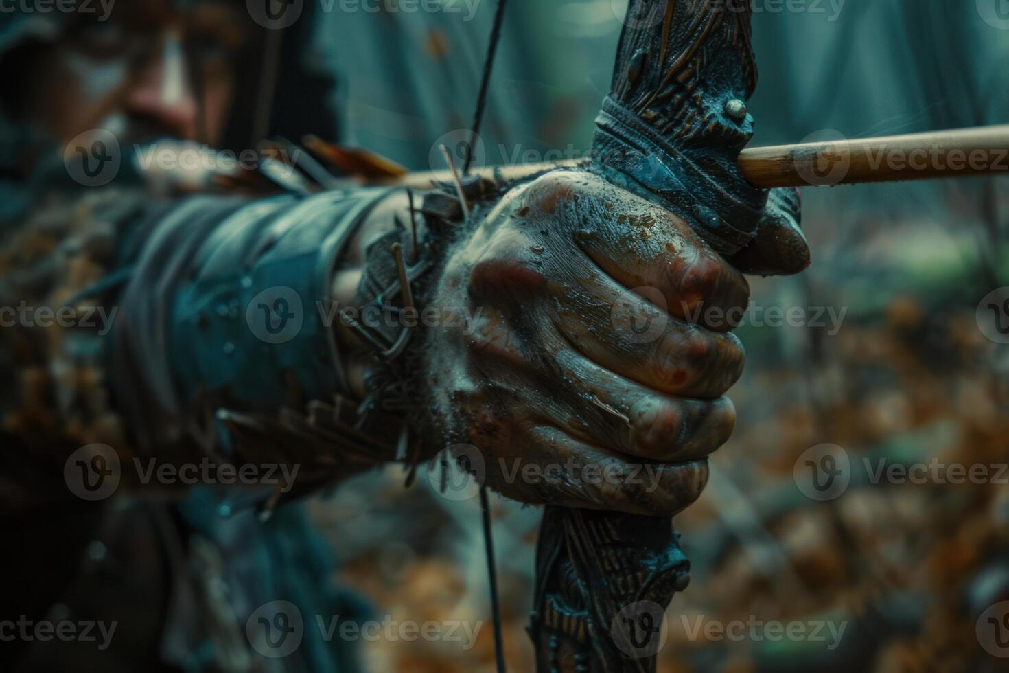 Hunter aiming with bow and arrow in forest photo