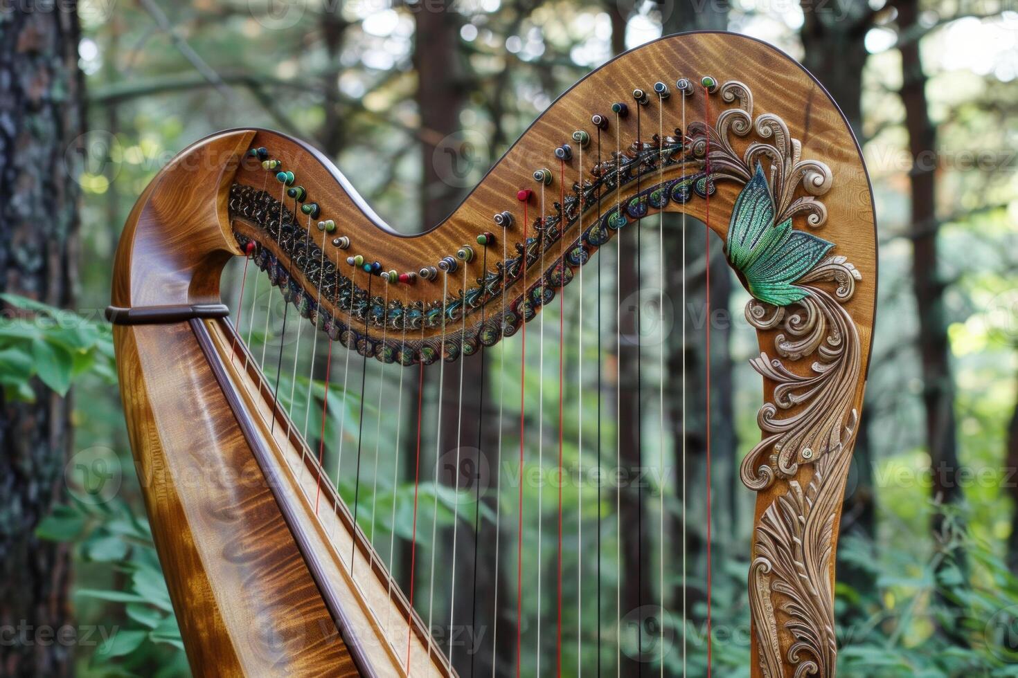 Elegant harp standing in a green forest setting photo