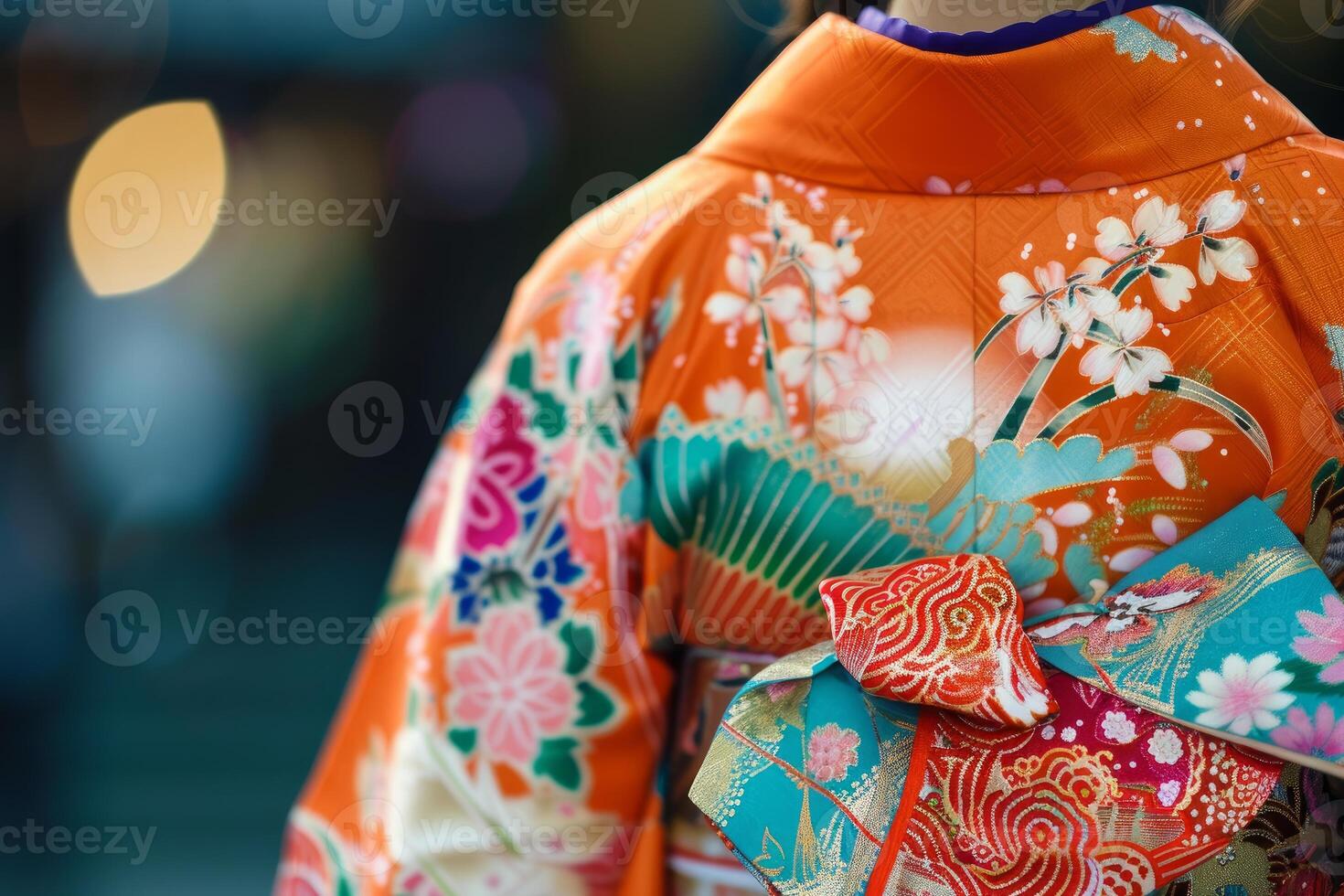 Woman wearing a colorful kimono with floral design in japan photo