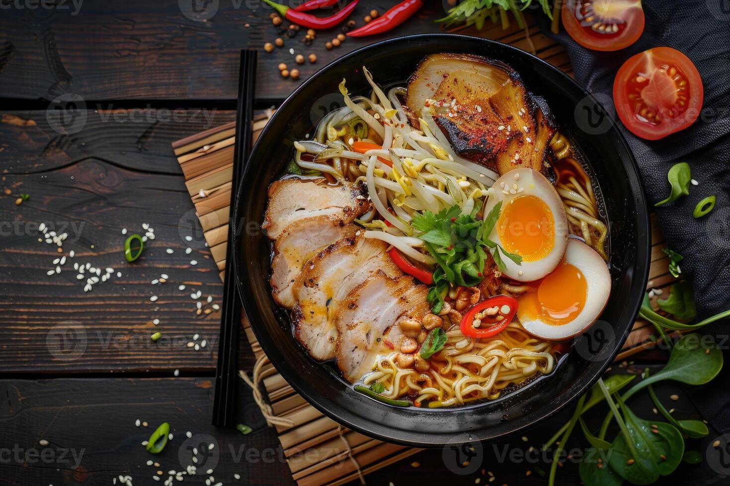 Delicious ramen soup being served with pork, eggs and herbs photo