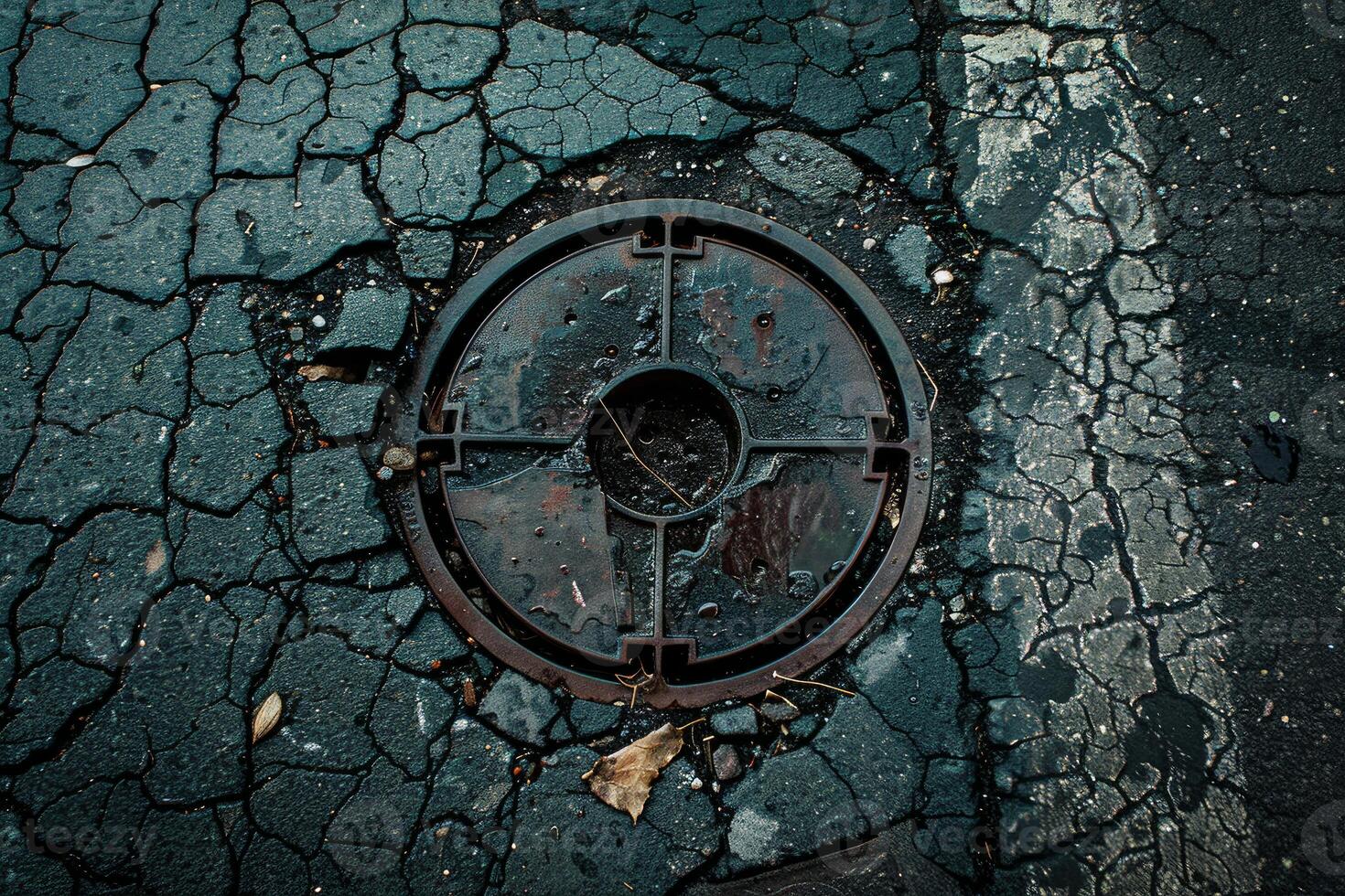 Rusty manhole cover resting on damaged asphalt photo