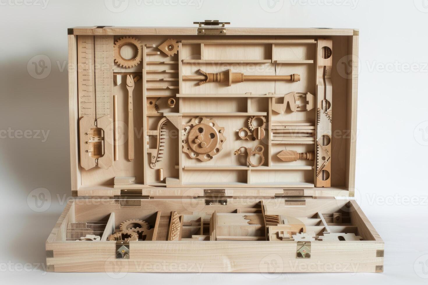 Wooden toolbox containing gears and tools is standing open on white background photo