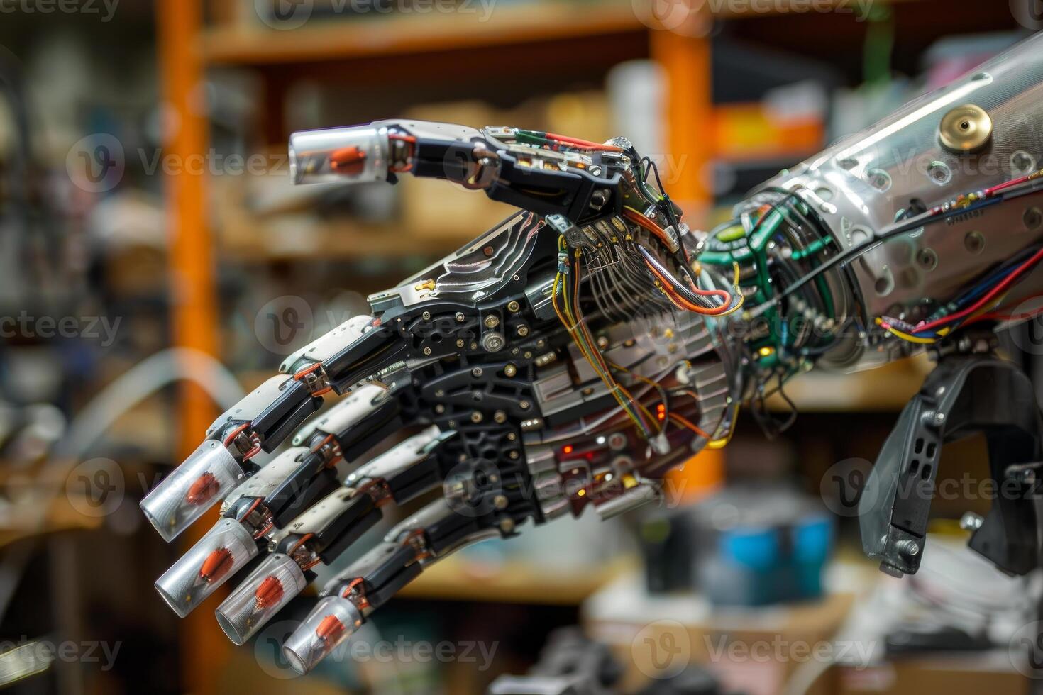 Robotic arm being developed with exposed electronic circuitry photo