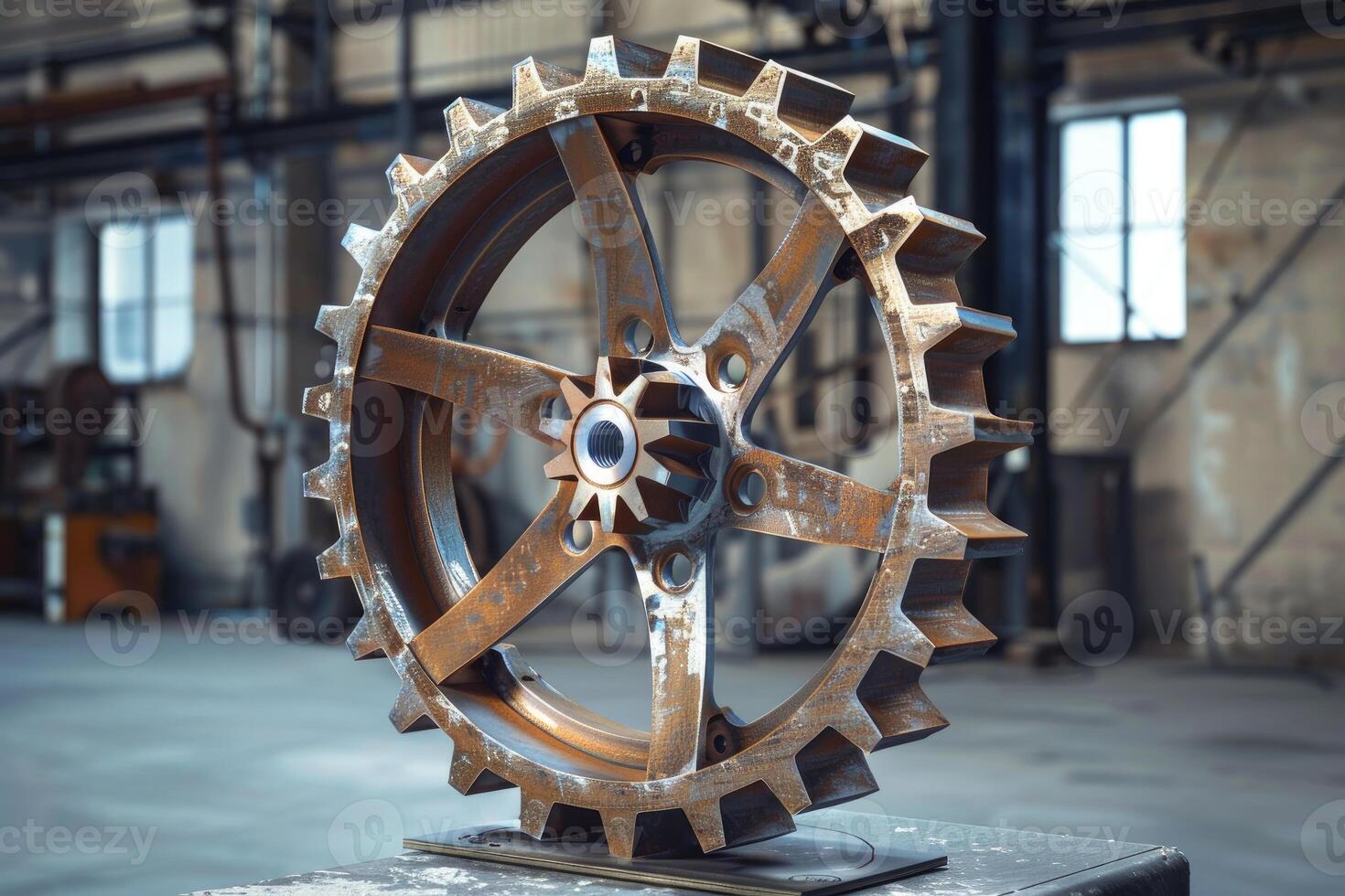Large rusty industrial gear resting in factory setting photo