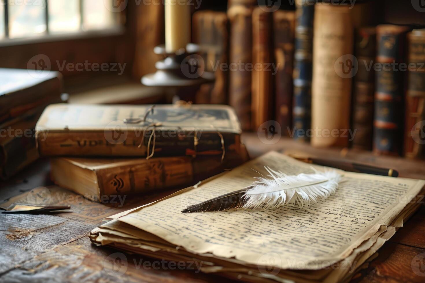 White feather resting on open book in writer's study photo