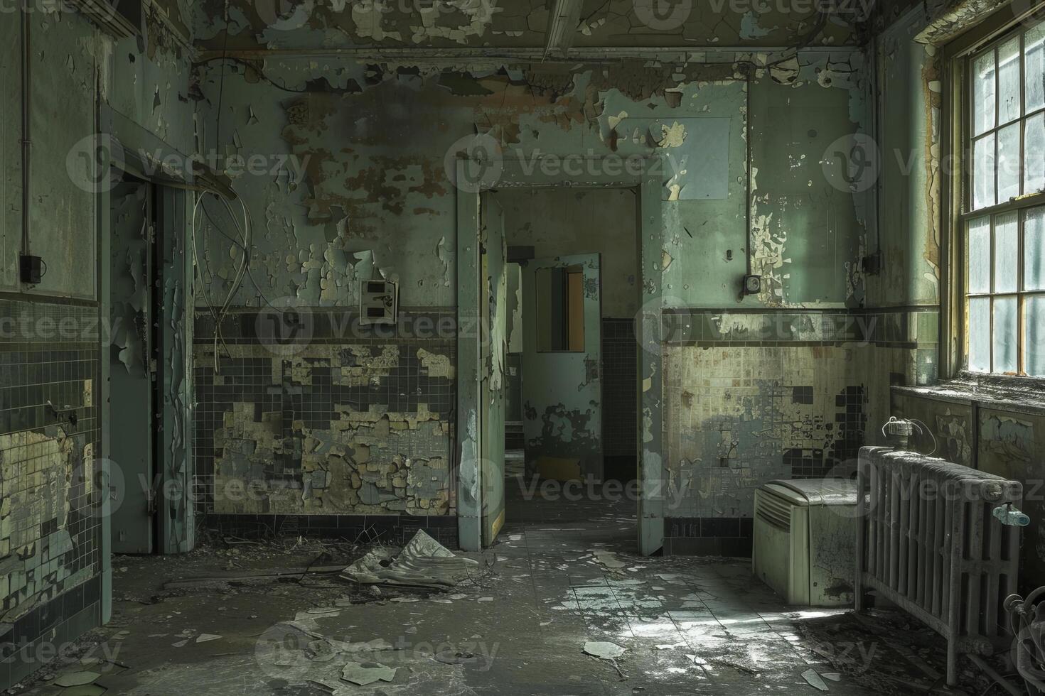 Abandoned hospital room decaying showing signs of neglect photo