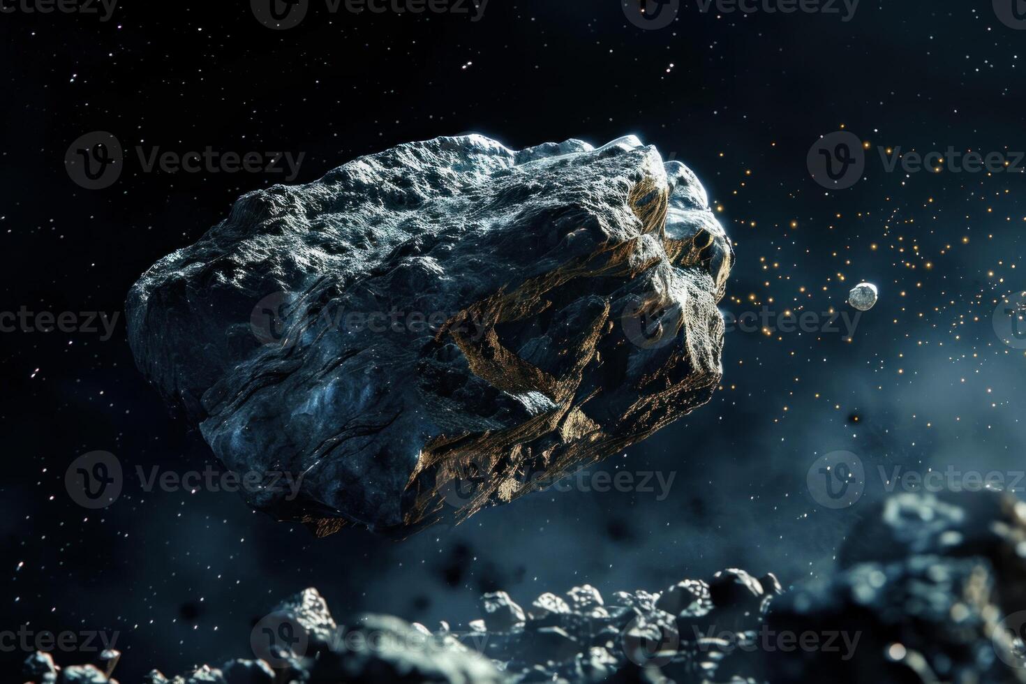 Giant asteroid floating in space surrounded by debris and stars photo