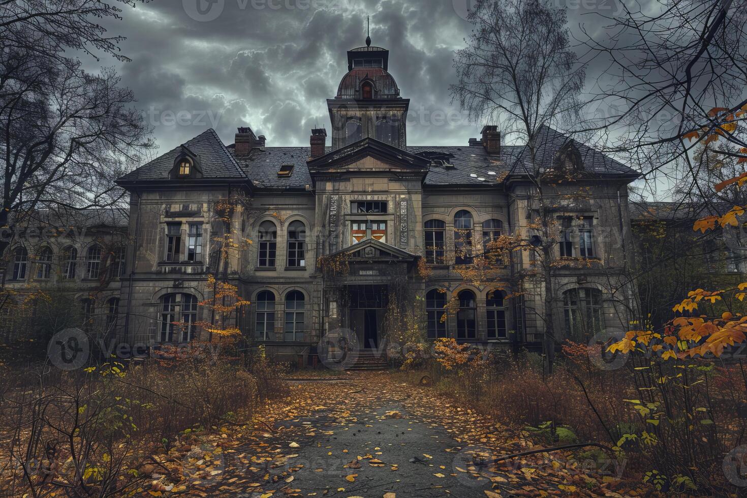 Abandoned mansion decaying under stormy sky with overcast clouds photo
