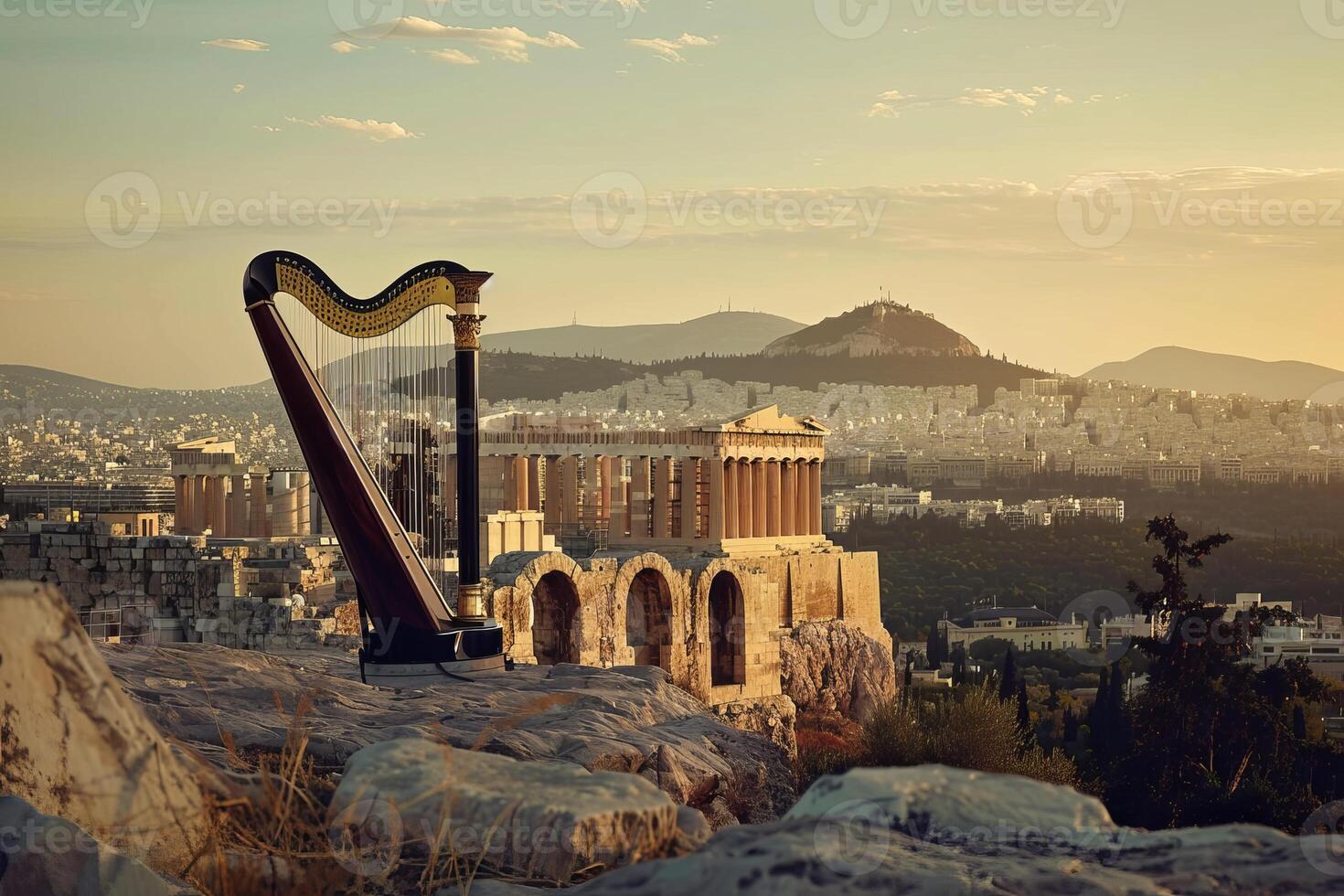 Harp standing on rock overlooking athens and the parthenon at sunset photo