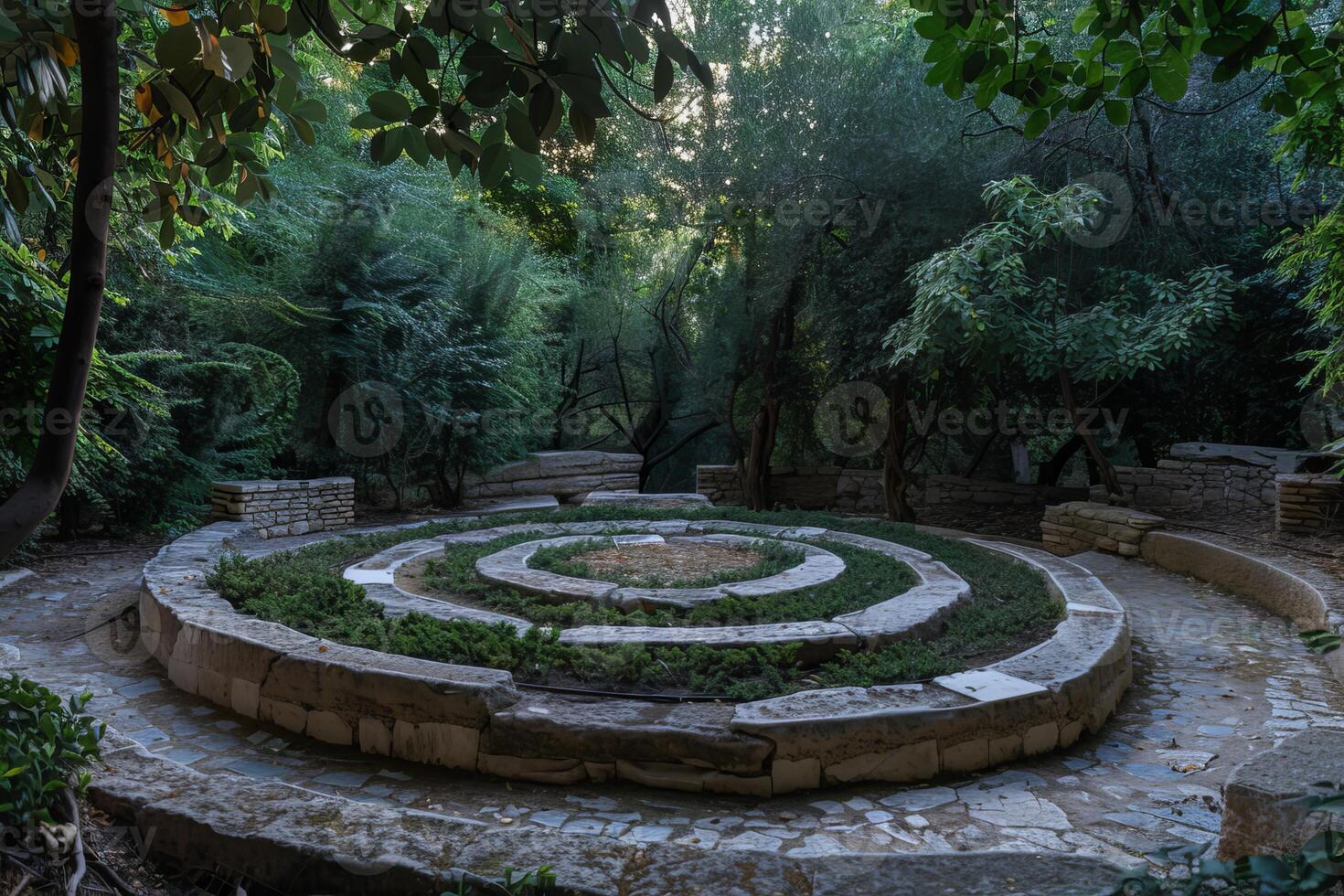 Ancient stone circle surrounded by lush green trees in a tranquil forest setting photo