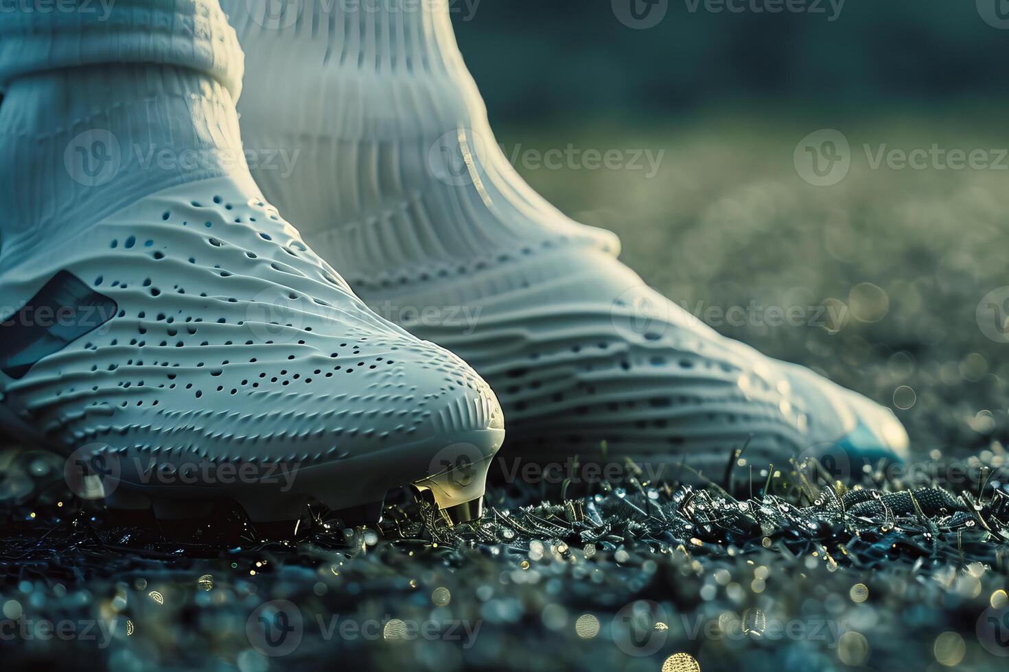 Soccer player wearing white cleats standing on wet grass field photo