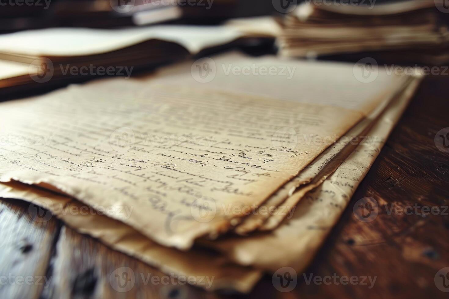 Old handwritten letter on a wooden table with shallow depth of field photo