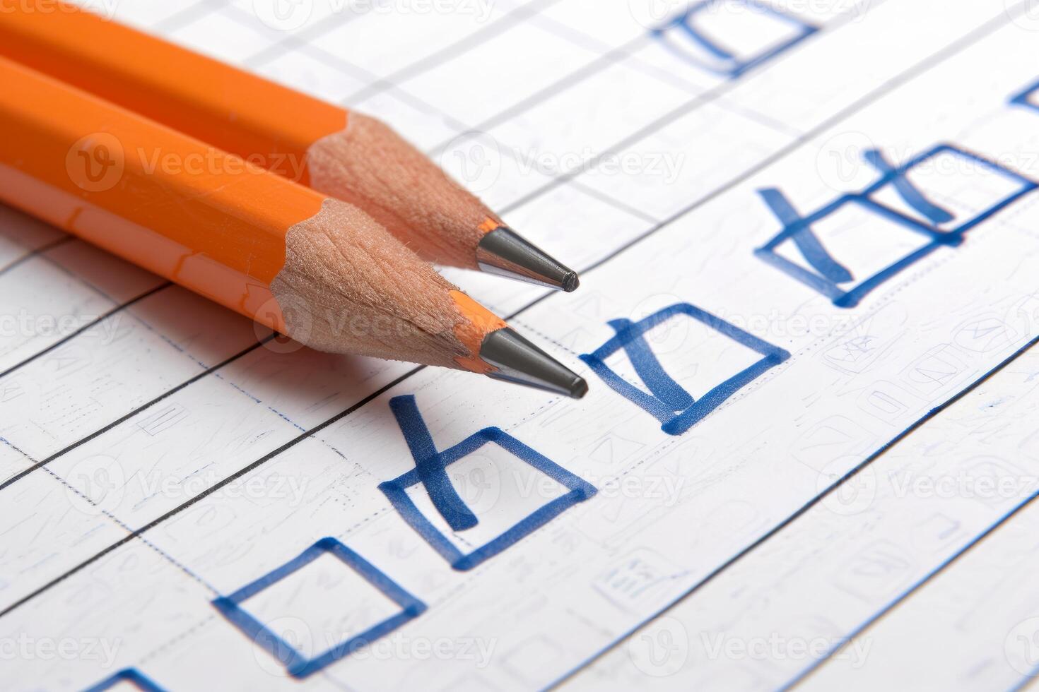 Two sharpened pencils resting on a notebook page with handwriting practice photo