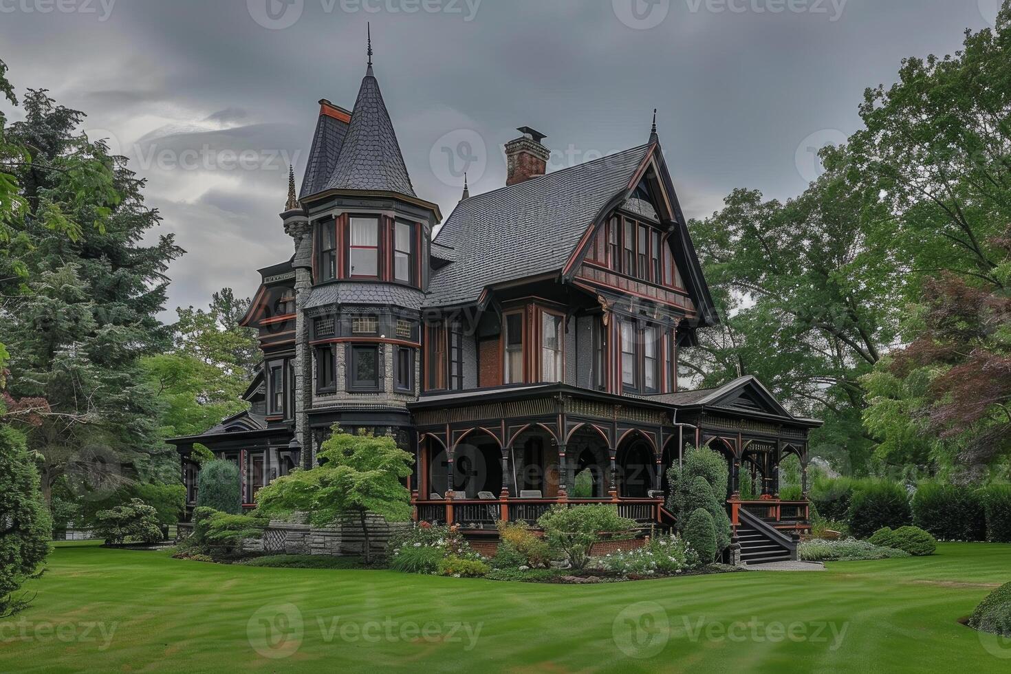 Victorian era mansion with wrap around porch and turret on overcast day photo