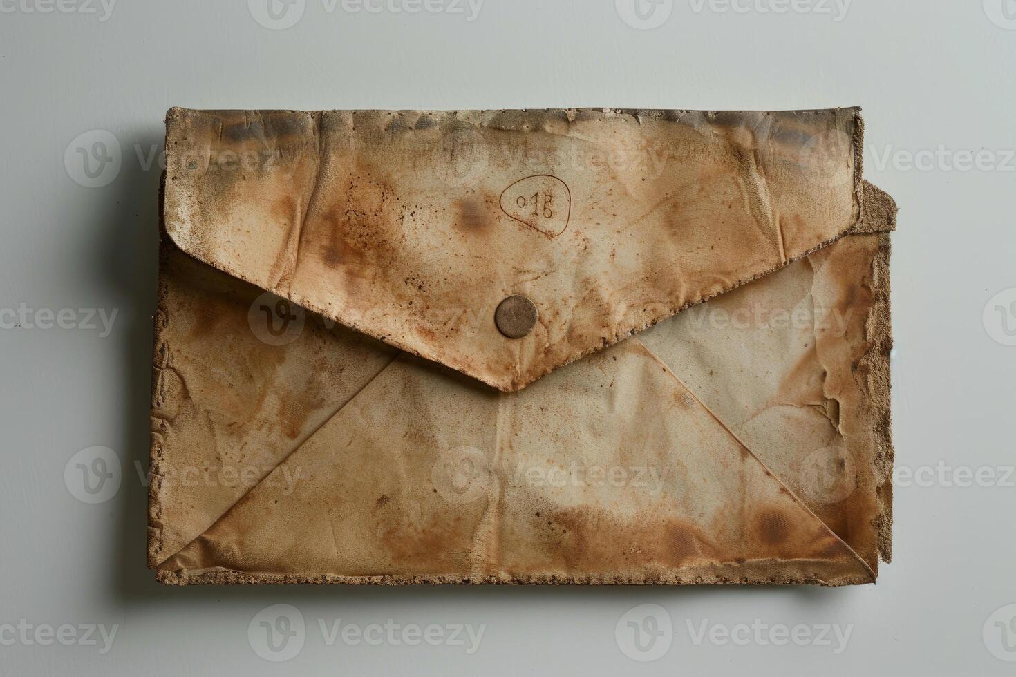 Old, stained, and singed envelope resting on white surface photo
