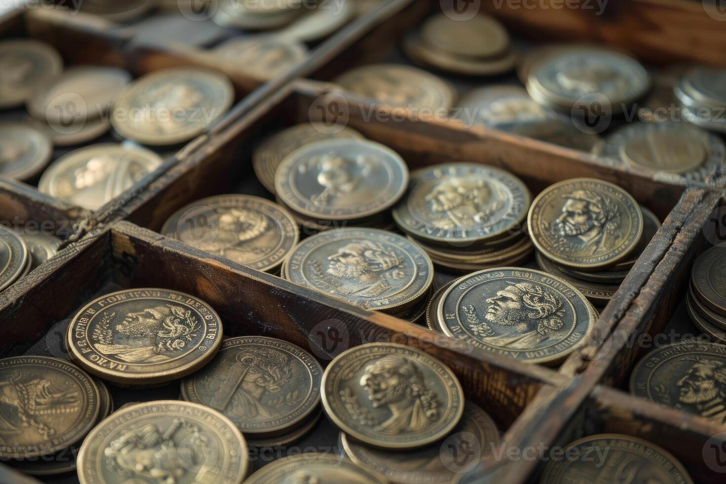 Old bronze coins with portraits inside wooden sorting case photo