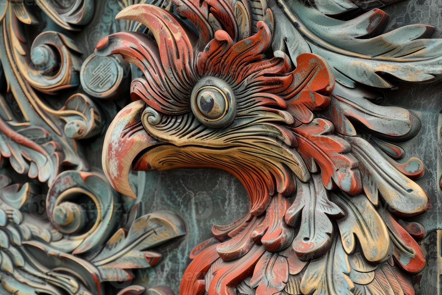 Colorful wooden carving depicting mythological phoenix photo