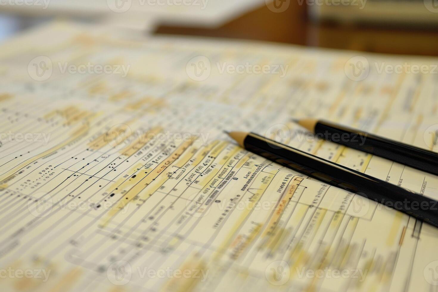 Two pencils resting on a spreadsheet full of data photo