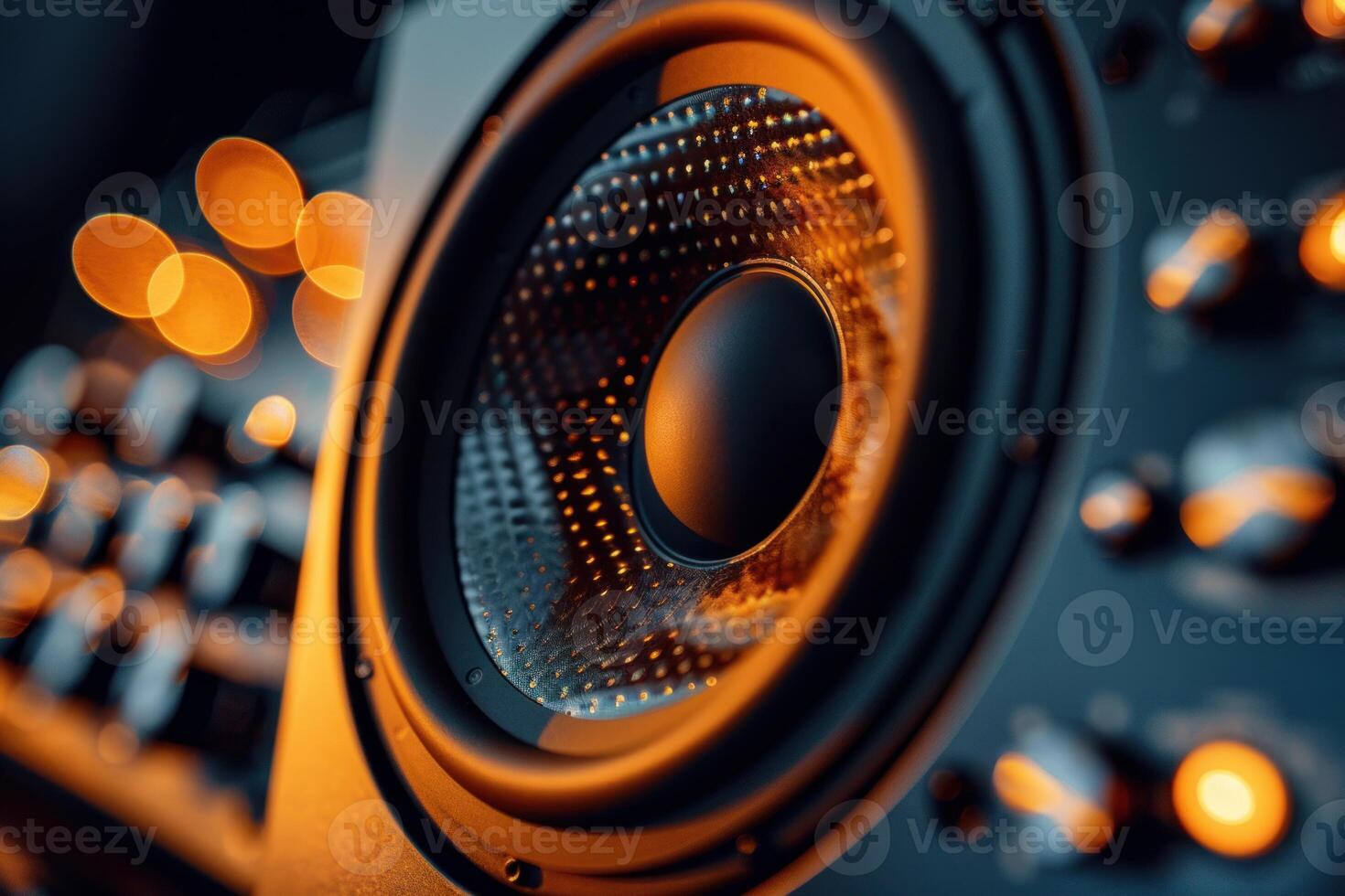 Professional audio speaker membrane vibrating with yellow lights on background photo