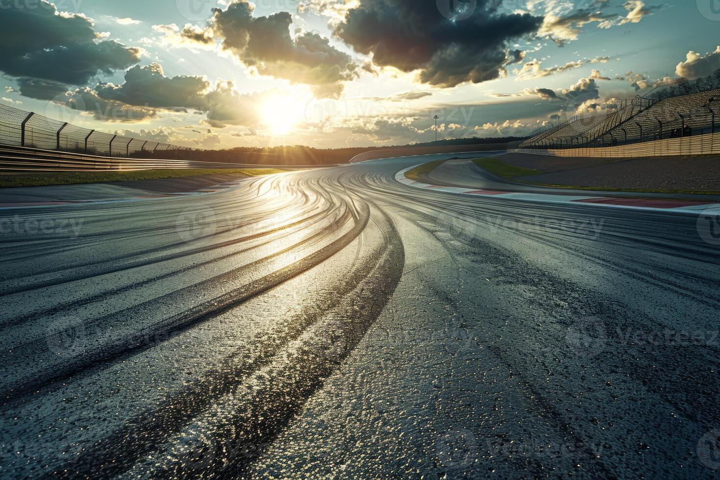 Sunset illuminating a wet racing track after the rain photo