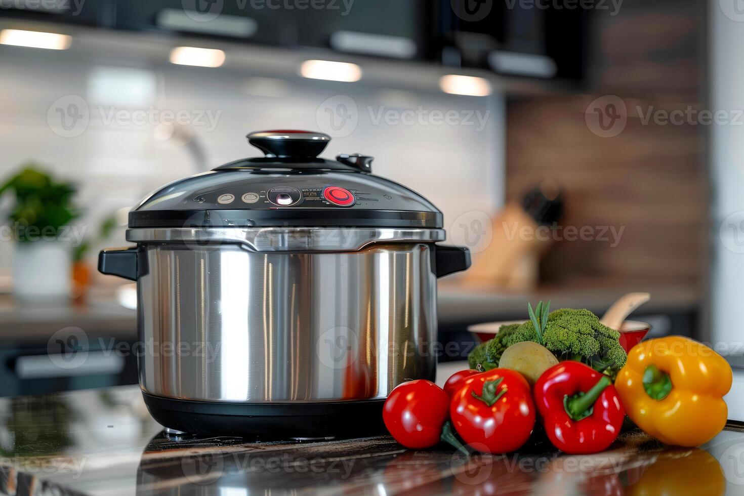 Modern electric multi cooker standing on kitchen countertop with vegetables photo