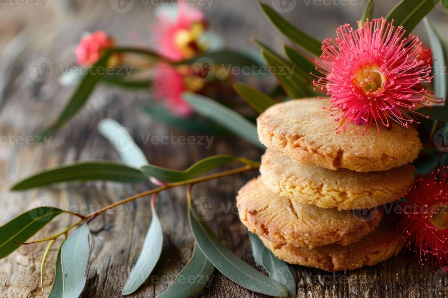 Stack of delicious anzac biscuits resting on rustic wood with eucalyptus leaves and flowers photo