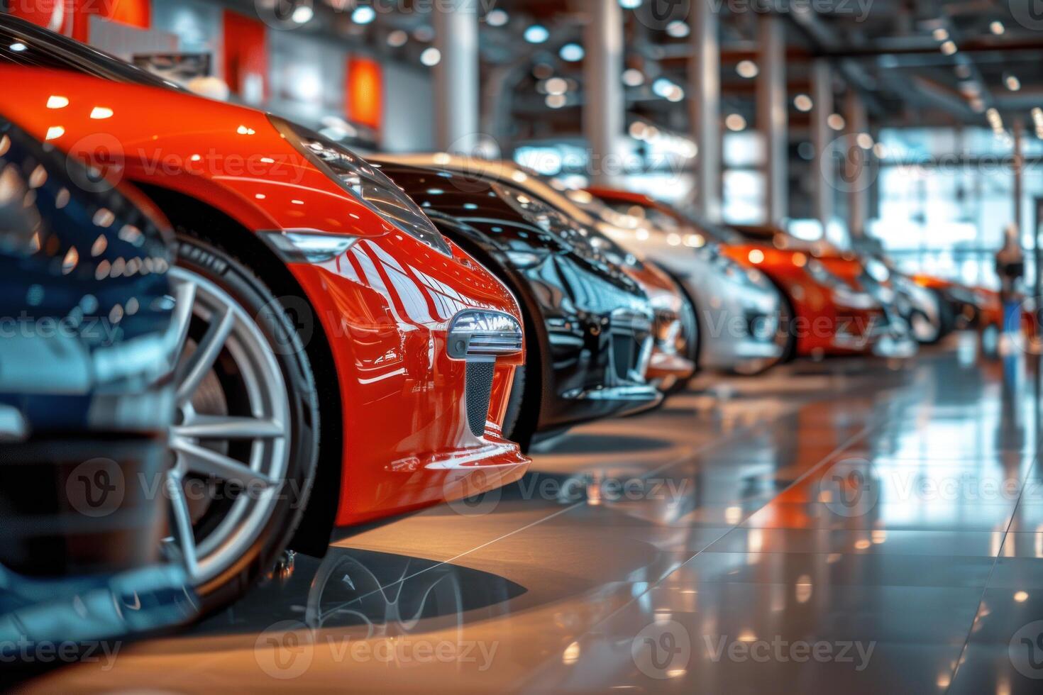 New cars standing in row in modern dealership center photo