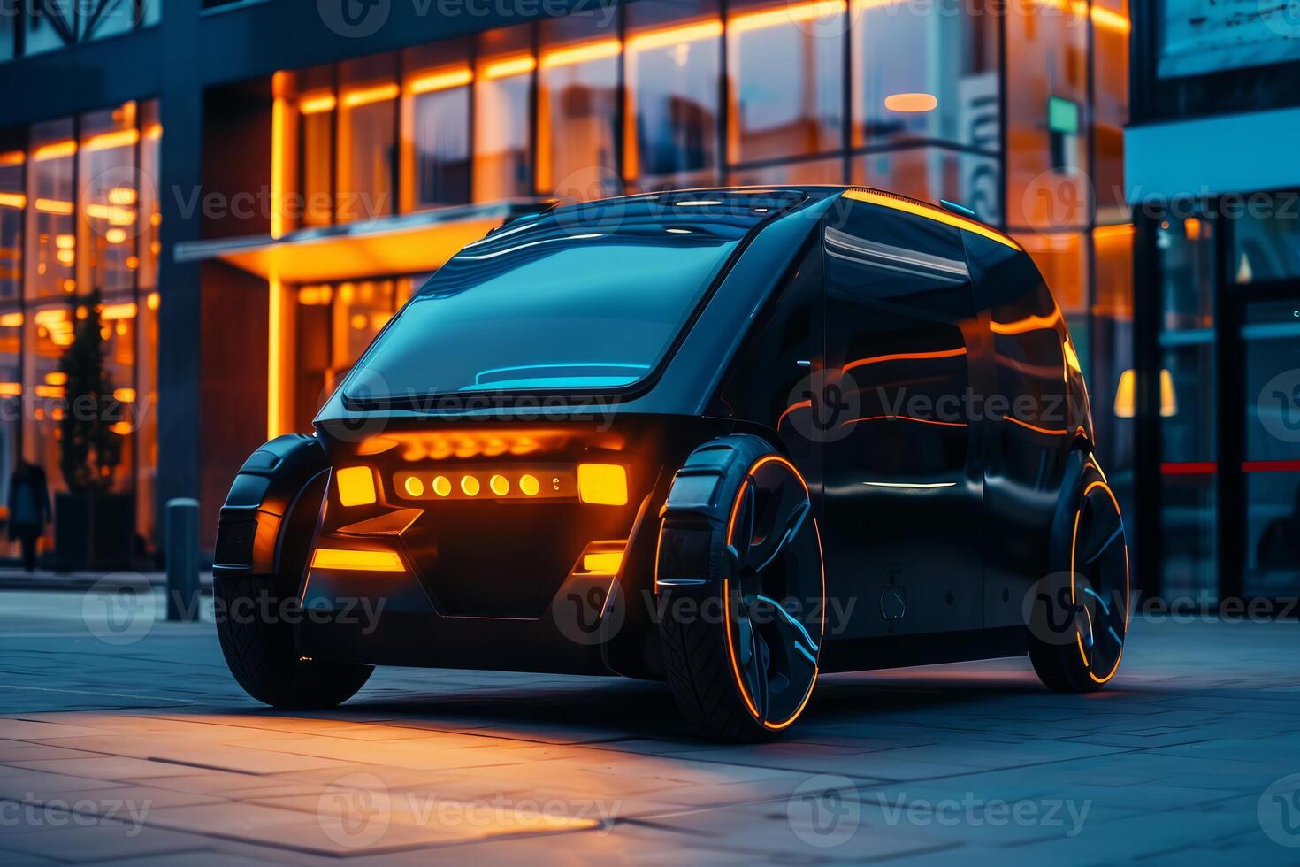 Self driving electric car parking in front of modern building at night photo