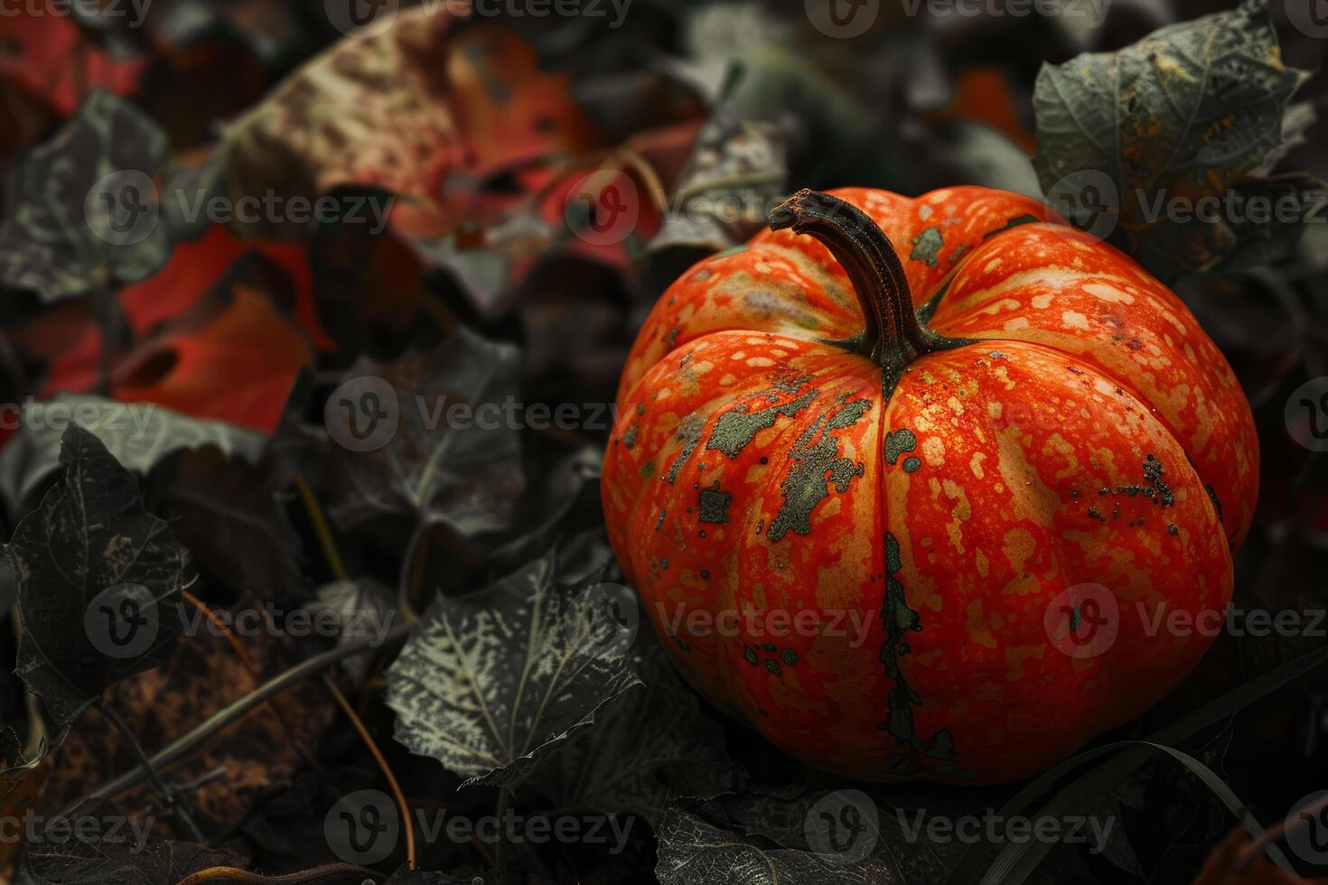 Small pumpkin resting on autumn leaves background photo