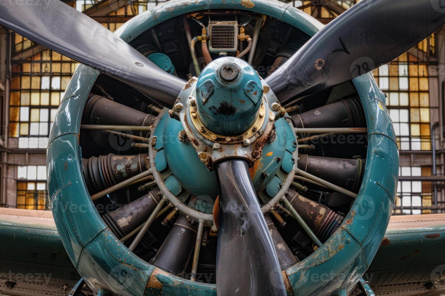 Closeup of a vintage airplane radial engine showing detail and mechanics photo