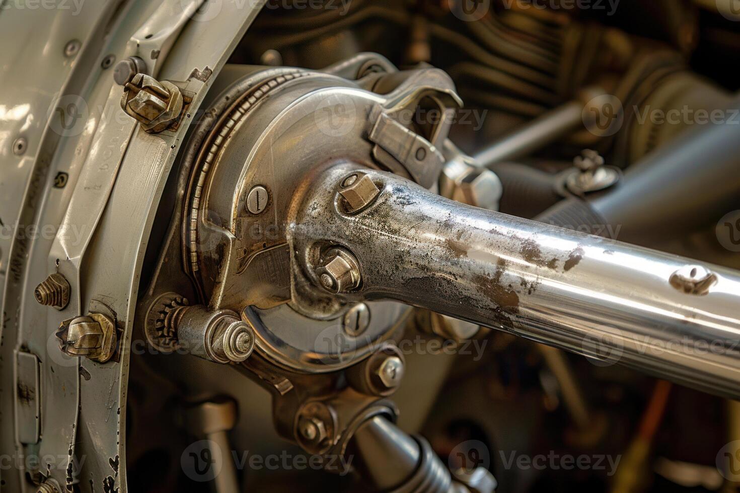 Closeup of shiny metal airplane engine parts showing complexity photo