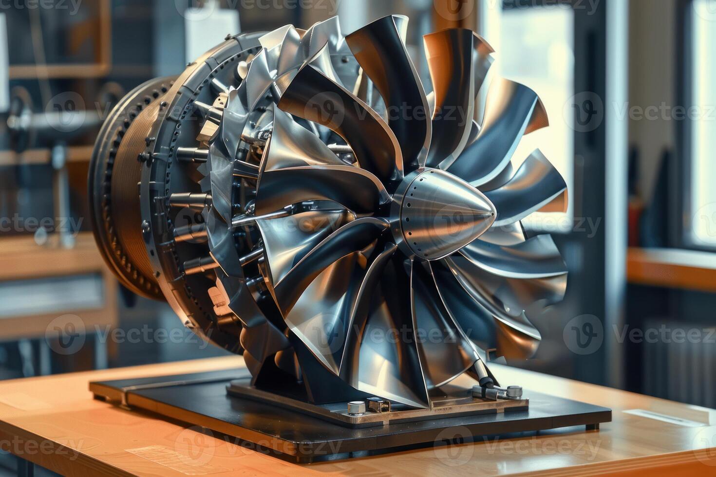 Close up of turbofan jet engine on display in engineering workshop photo