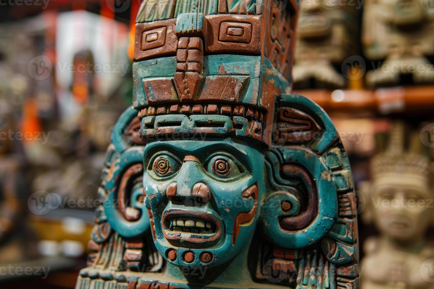 Mayan statue depicting god with intense expression in souvenir shop photo