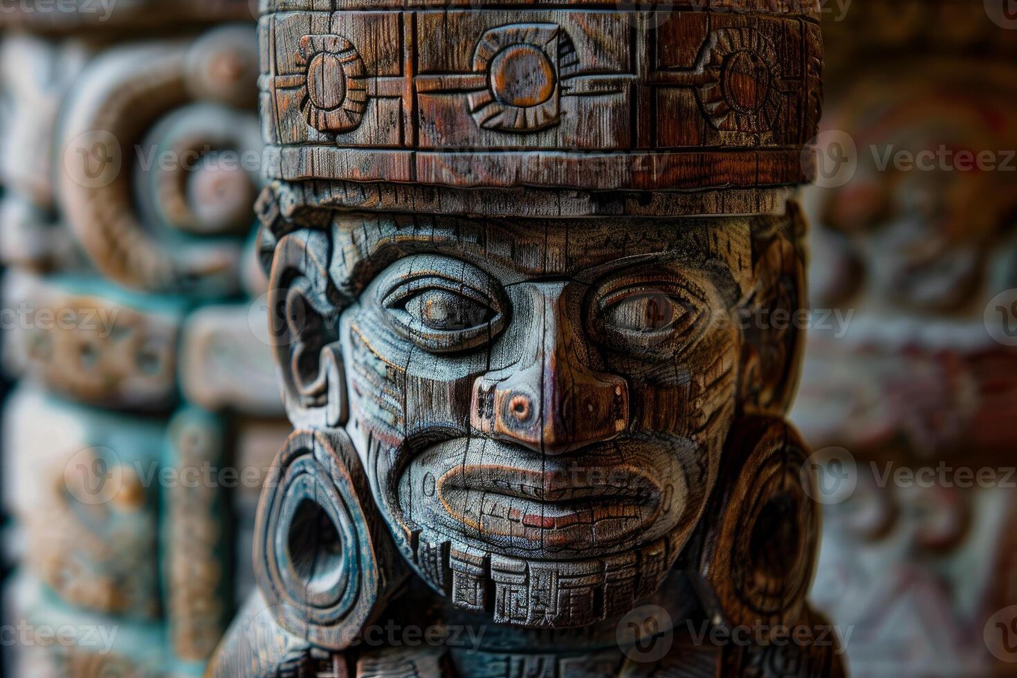Ancient mayan wooden statue posing in museum photo