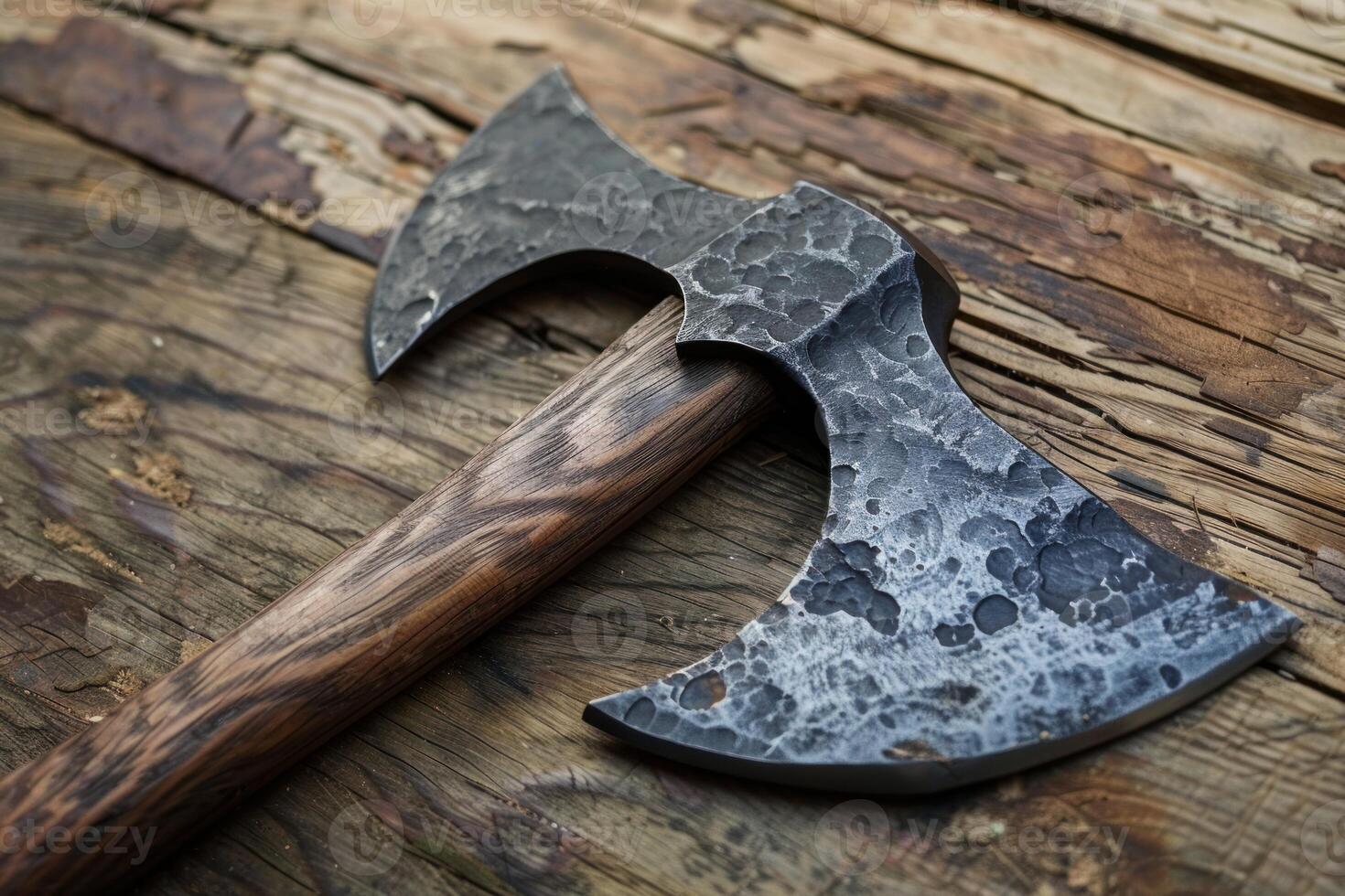 Double headed axe lying on its side on wooden planks photo