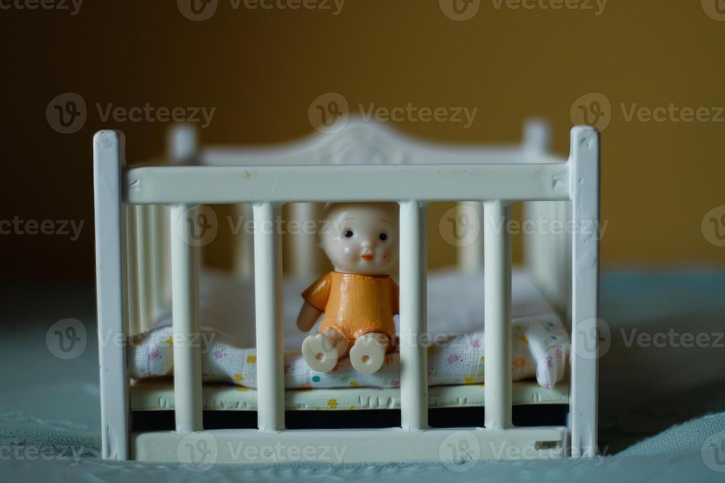 Porcelain doll sitting in a white crib photo
