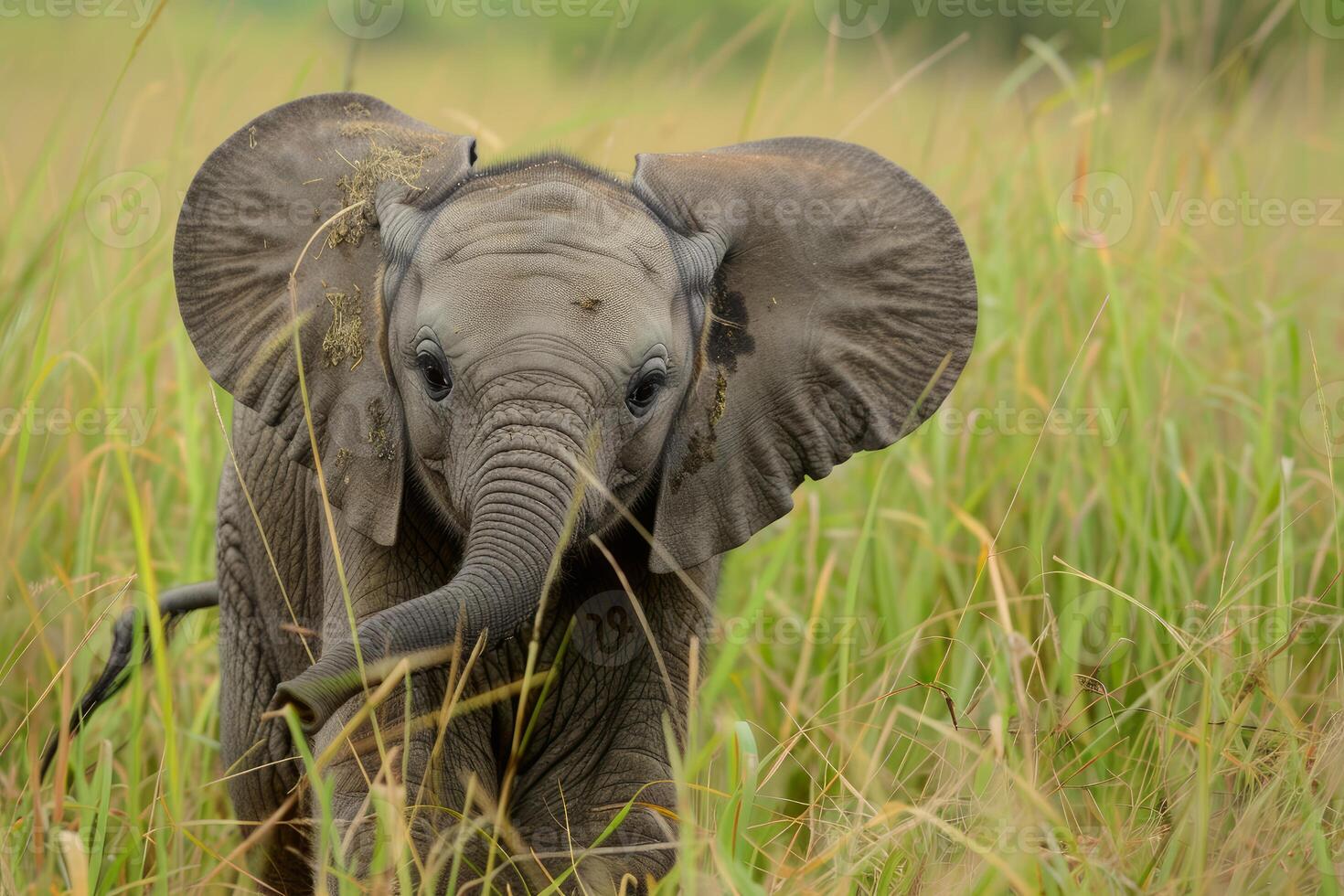 Baby elephant walking through tall grass in the wild photo