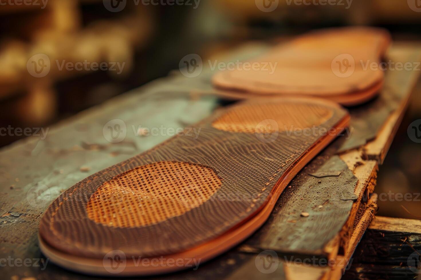 Close up of orthopedic insoles lying on a shoemaker's workbench photo