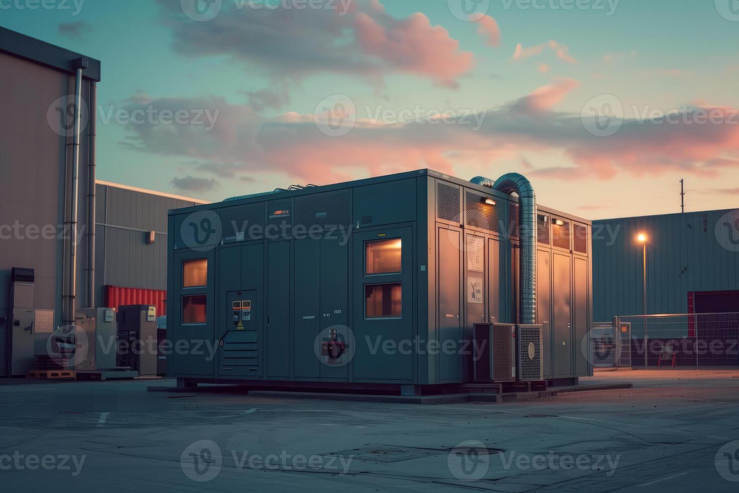 Large industrial air conditioner unit cooling a building at sunset photo